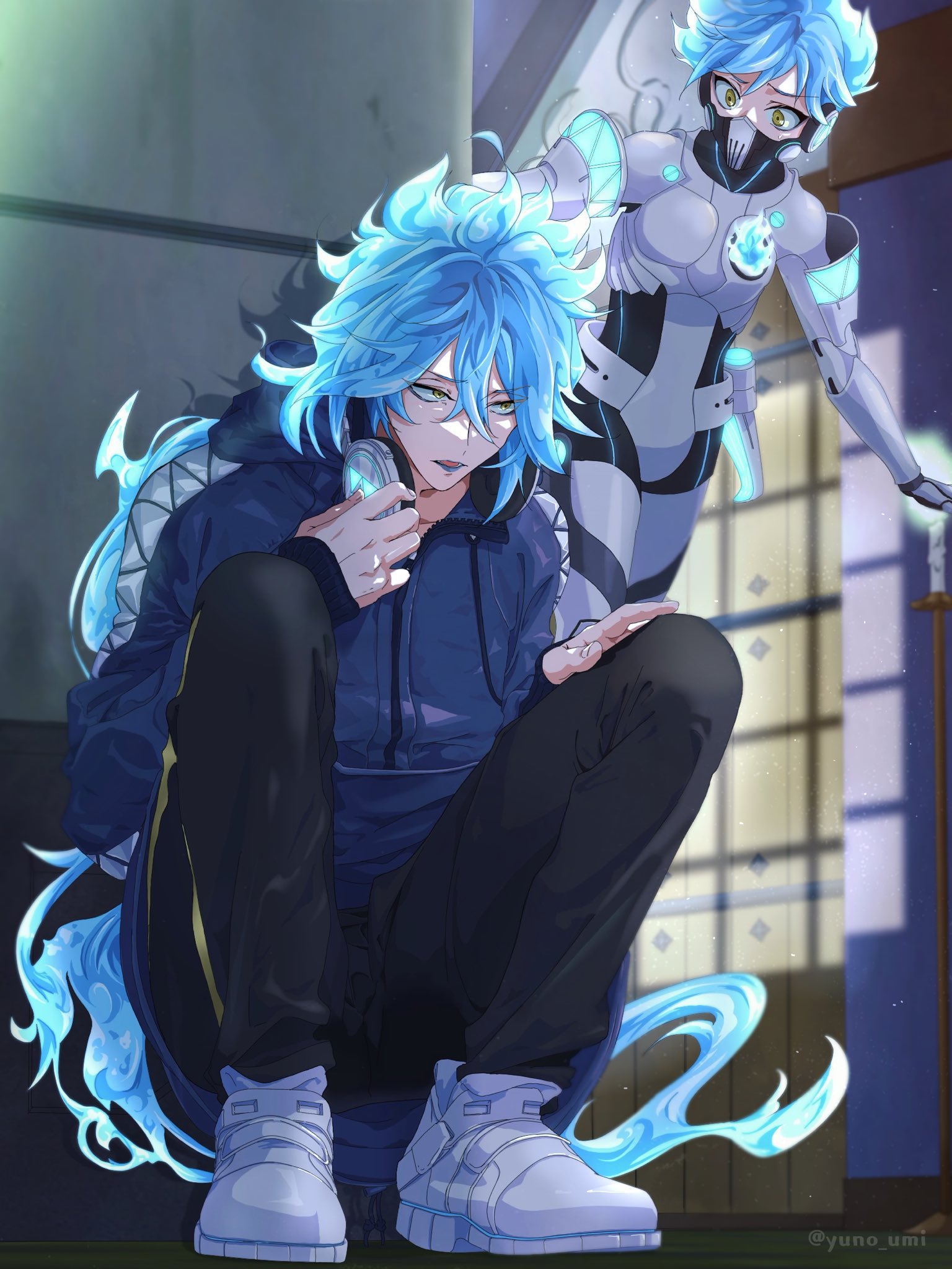 washiko (rasuko), idia shroud, ortho shroud, twisted wonderland, highres, 2boys, black pants, blue fire, blue hair, blue jacket, blurry, blurry background, bodysuit, brothers, fiery hair, fire, hair between eyes, headphones, headphones around neck, hood, hood down, jacket, light particles, lipstick, looking at another, makeup, male focus, mask, mouth mask, multiple boys, pants, siblings, squatting, yellow eyes