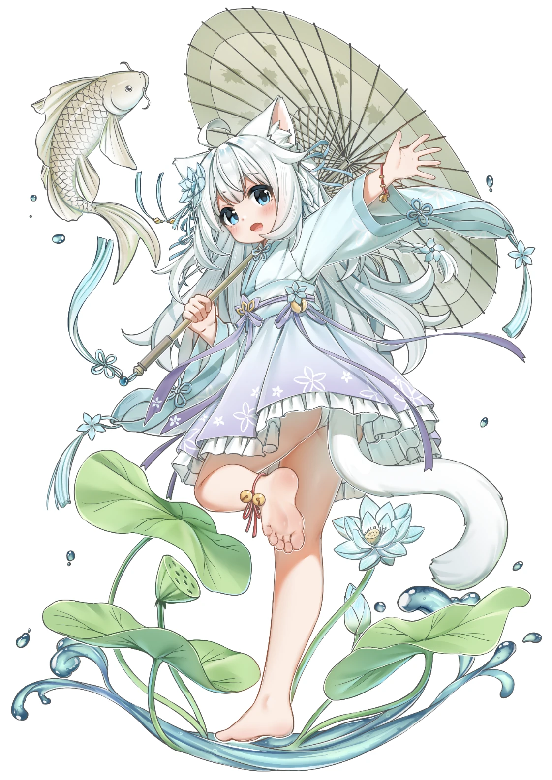 xiao baixiong tat, original, highres, 1girl, :d, ahoge, animal ear fluff, animal ears, bare legs, barefoot, bell, blue eyes, blue lotus, blush, bow, carp, cat ears, cat girl, cat tail, chinese clothes, dress, fang, feet, fish, flower, frills, full body, hair flower, hair ornament, hanfu, holding, holding umbrella, jingle bell, lily pad, long hair, long sleeves, looking at viewer, lotus, lotus pod, oil-paper umbrella, open mouth, outstretched arm, simple background, smile, soles, solo, standing, standing on one leg, tail, toes, umbrella, water, white background, white hair, wide sleeves