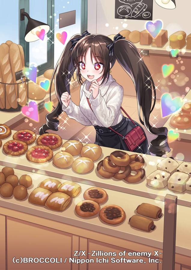 yamigo, z/x, official art, + +, 1girl, arane (z/x), bag, baguette, bakery, between breasts, black hair, black skirt, bread, breasts, copyright notice, drill hair, food, heart, indoors, open mouth, red eyes, shop, shoulder bag, skirt, solo, sparkle, strap between breasts, sweater, turtleneck, turtleneck sweater, twin drills, twintails, white sweater