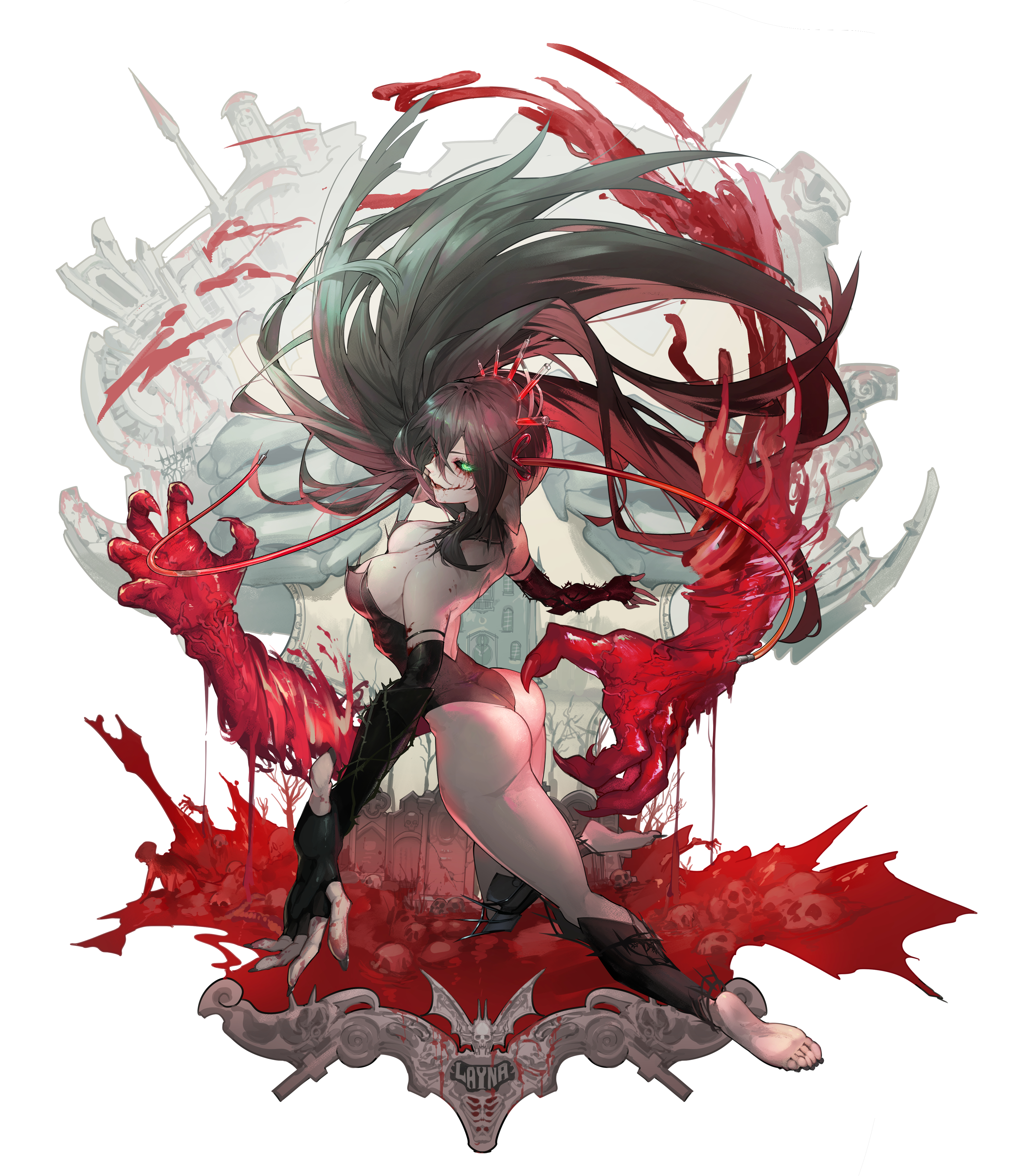 tanziya (codlxcold), layna lazar, indie virtual youtuber, absurdres, highres, 1girl, arched back, barefoot, black dress, black gloves, black hair, blood, dress, elbow gloves, fingerless gloves, floating hair, from above, from behind, full body, gloves, green eyes, long hair, looking at viewer, looking back, open mouth, pile of skulls, pointy ears, solo, syringe hair ornament, tombstone, vampire, virtual youtuber