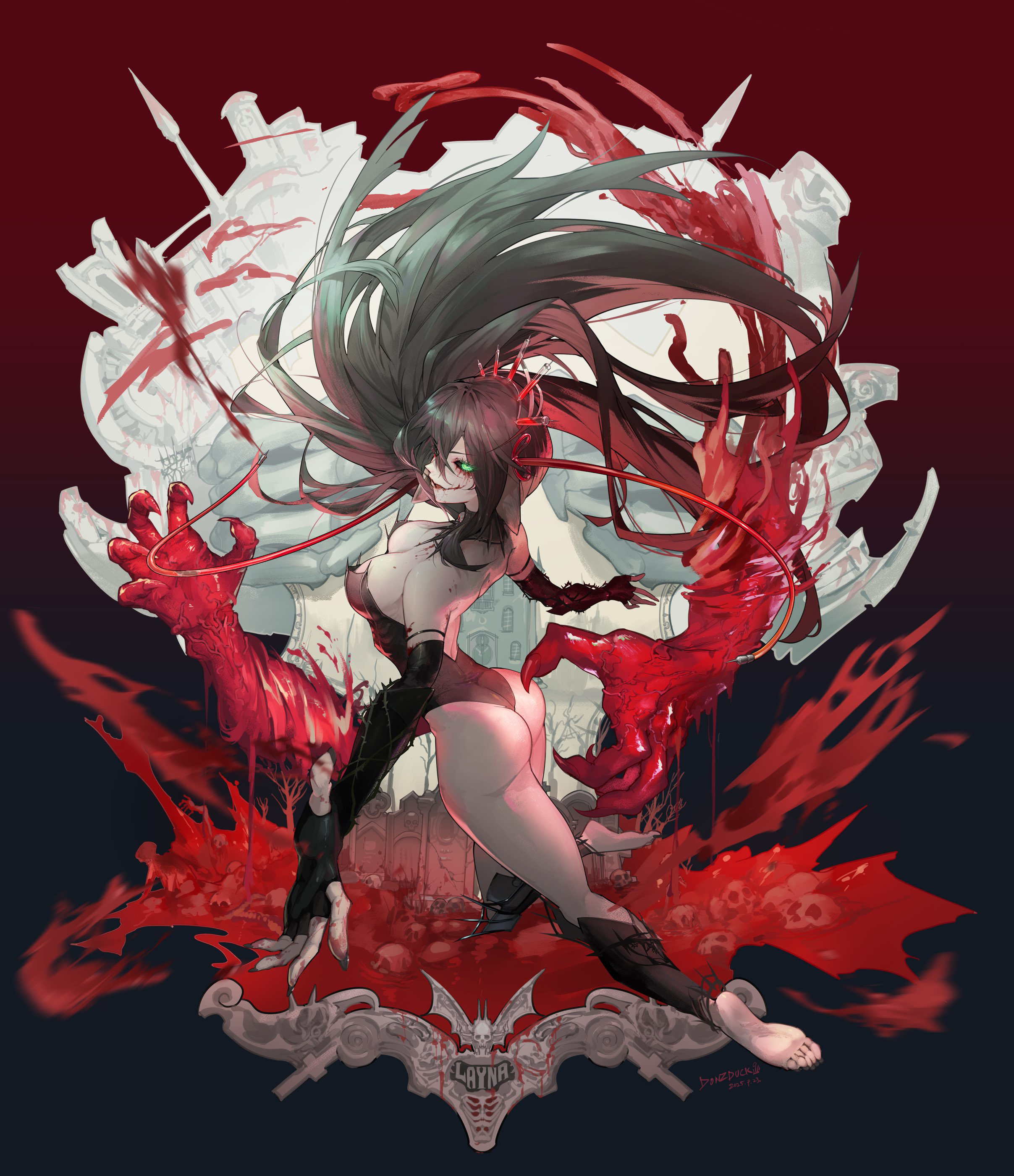 tanziya (codlxcold), layna lazar, indie virtual youtuber, absurdres, highres, 1girl, arched back, barefoot, black dress, black gloves, black hair, blood, dress, elbow gloves, fingerless gloves, floating hair, from above, from behind, full body, gloves, green eyes, long hair, looking at viewer, looking back, open mouth, pile of skulls, pointy ears, solo, syringe hair ornament, tombstone, vampire, virtual youtuber