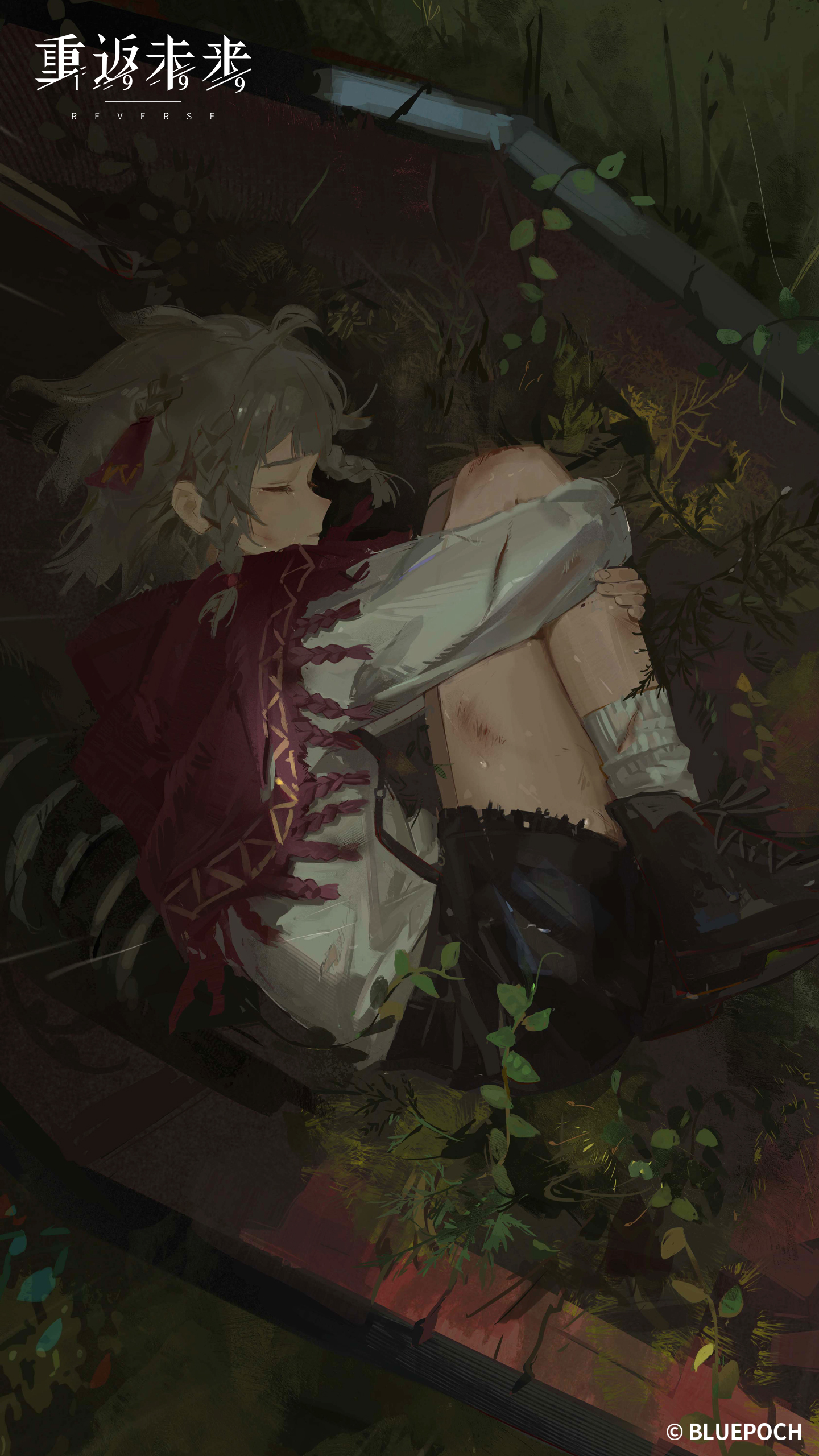 rubuska, reverse:1999, absurdres, highres, official art, official wallpaper, 1girl, aged down, ankle boots, black boots, black shorts, boots, cloak, closed eyes, coffin, copyright name, copyright notice, curled up, fetal position, full body, grass, grey hair, hugging own legs, logo, lying, on side, plant, profile, red cloak, shirt, short hair, shorts, sleeping, socks, solo, suspender shorts, suspenders, white shirt, white socks