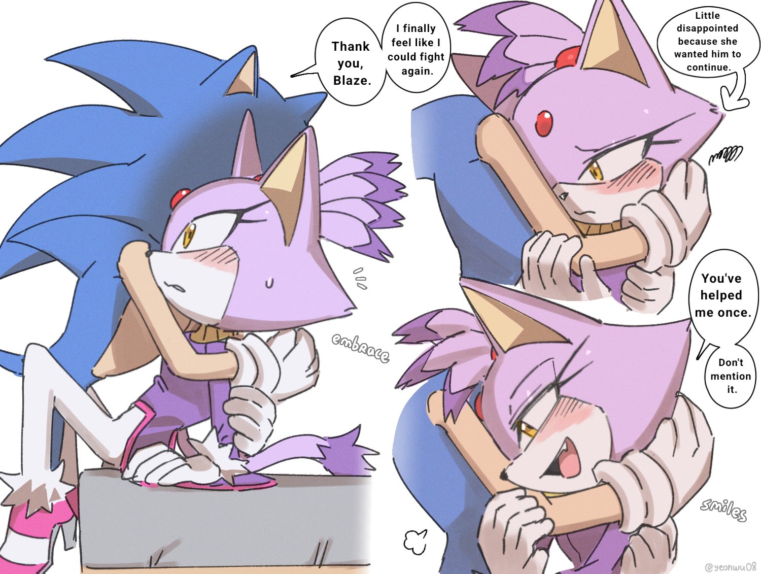 blaze the cat, sonic the hedgehog, sonic (series), 1boy, 1girl, animal ears, blue fur, blush, cat ears, cat girl, cat tail, forehead jewel, green eyes, hug, multiple views, open mouth, pink shoes, purple fur, shoes, simple background, smile, speech bubble, sweatdrop, tail, white background, yellow eyes, yeonwu08