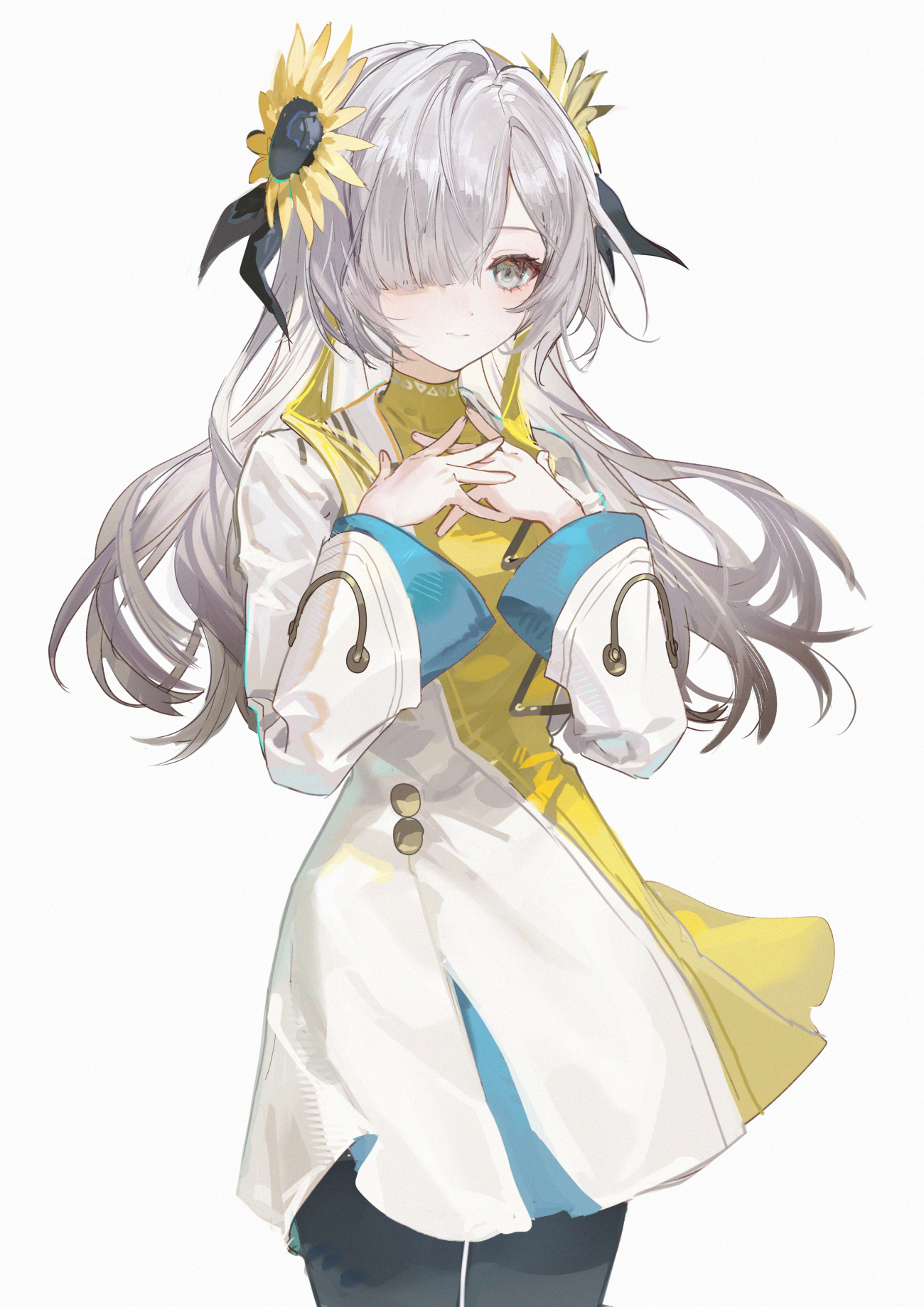 doran (doran7280), isekaijoucho, kamitsubaki studio, highres, 1girl, black pantyhose, closed mouth, coat dress, cowboy shot, dress, flower, grey eyes, grey hair, hair flower, hair ornament, hair over one eye, hands on own chest, hands up, long bangs, long hair, long sleeves, looking at viewer, one eye covered, own hands together, pantyhose, short dress, simple background, solo, standing, sunflower, swept bangs, turtleneck, turtleneck dress, virtual youtuber, w arms, white background, white dress, yellow dress, yellow flower