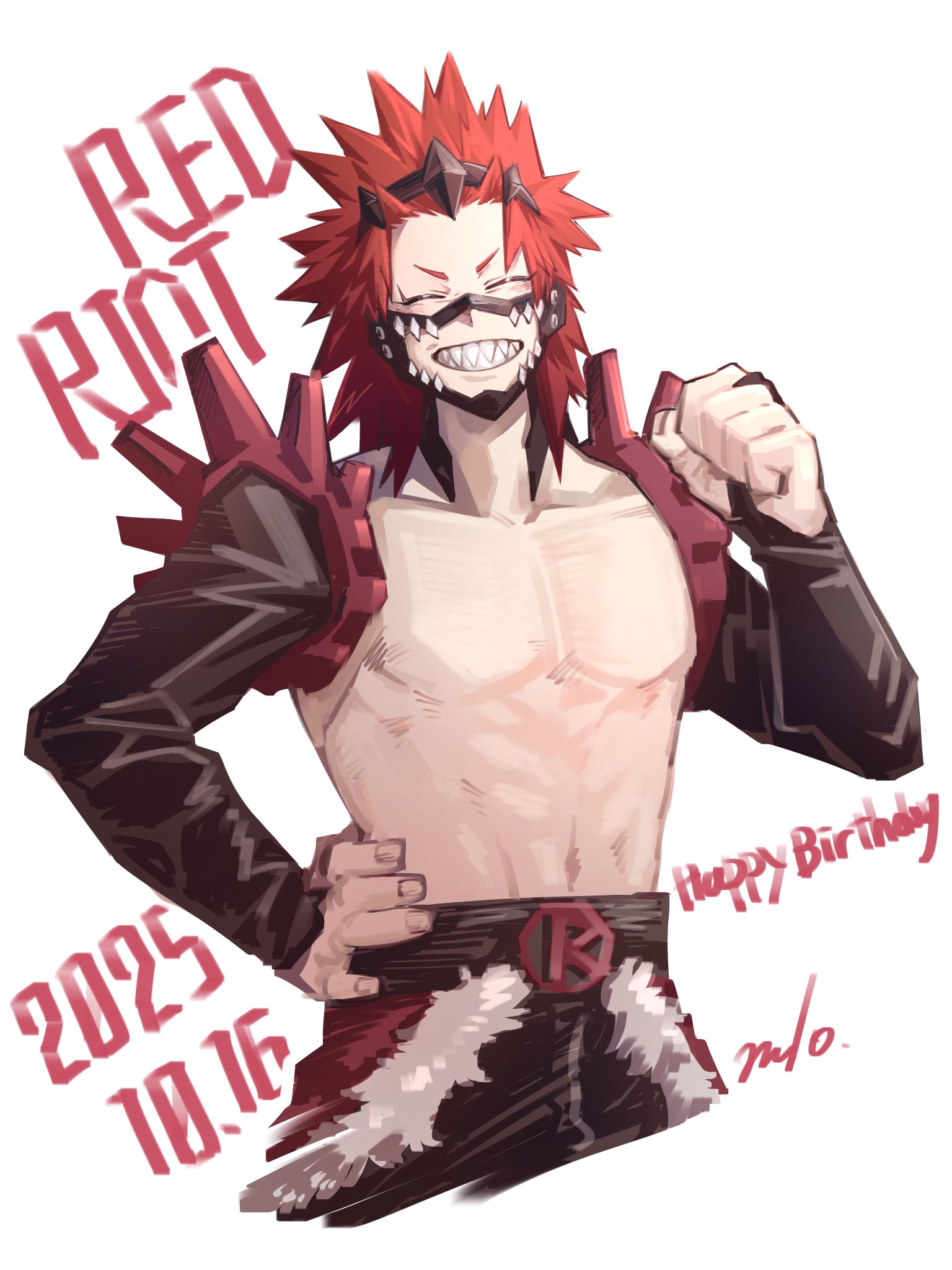 kirishima eijiro, boku no hero academia, commentary request, highres, 17pagdot0w79390, 1boy, birthday date, closed eyes, collarbone, hand on own hip, happy, happy birthday, male focus, no nipples, pectorals, red hair, sharp teeth, short hair, simple background, smile, solo, spiked hair, superhero costume, teeth, toned, toned male, white background