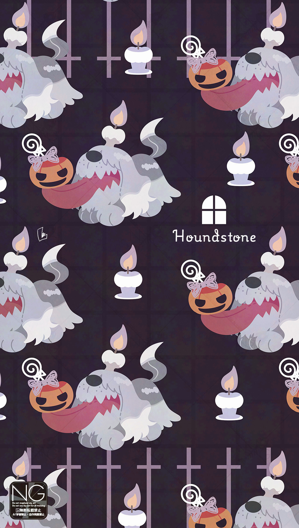 meme (sleepsheep), greavard, nintendo, pokemon, highres, animal focus, candle, candy, dog, fangs, fire, food, halloween, jack-o'-lantern, lollipop, no humans, open mouth, pokemon (creature), pokemon focus, pumpkin, purple fire, skin fangs, swirl lollipop, tail, teeth, tongue, tongue out