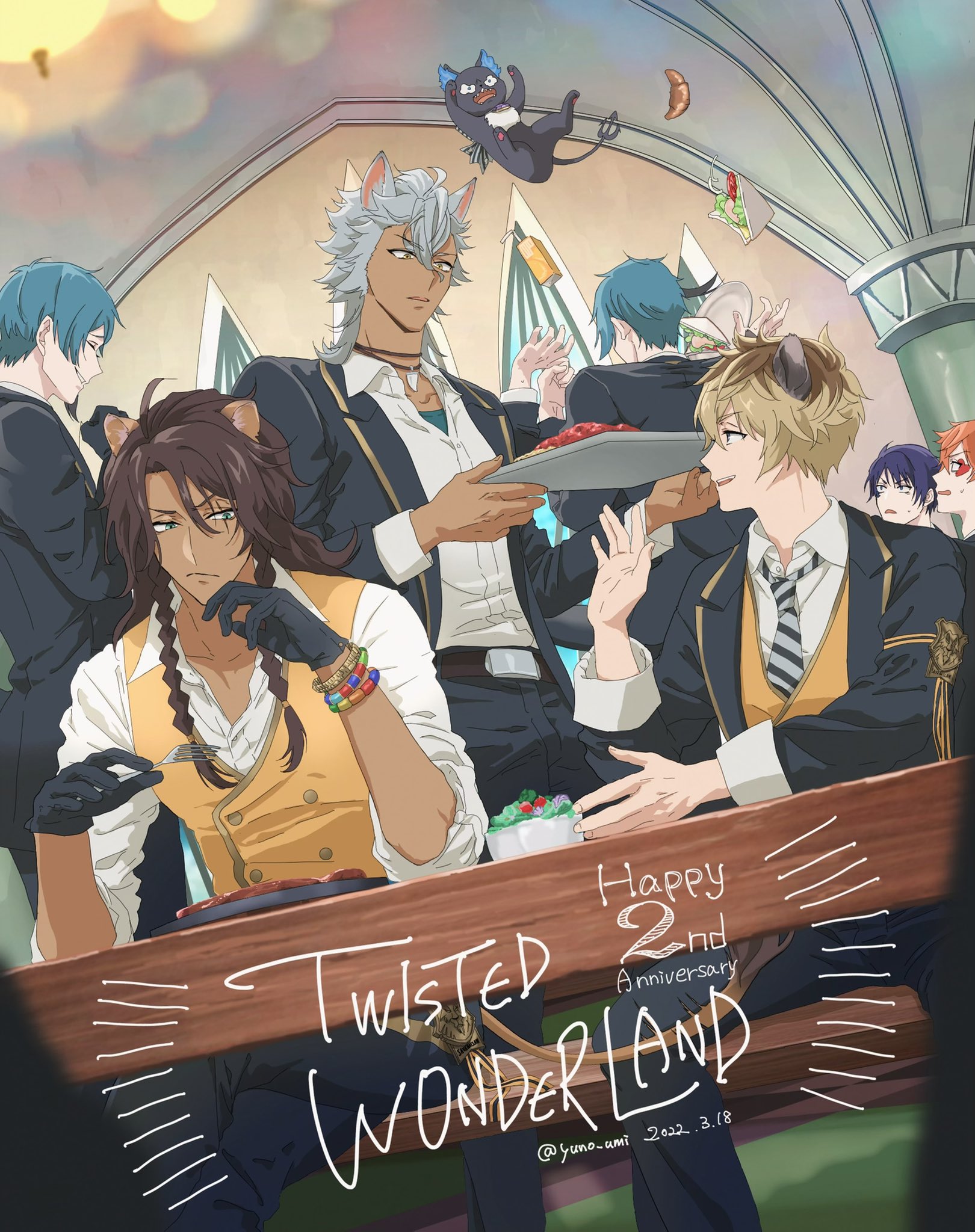 washiko (rasuko), ace trappola, deuce spade, floyd leech, grim (twisted wonderland), jack howl, jade leech, leona kingscholar, ruggie bucchi, twisted wonderland, highres, 6+boys, animal ears, belt, black gloves, black jacket, blue hair, braid, brown belt, brown hair, cat, croissant, food, gloves, grin, holding, holding tray, hyena ears, indoors, jacket, jewelry, lion ears, male focus, multicolored hair, multiple boys, necklace, necktie, shirt, short hair, smile, streaked hair, striped necktie, table, tray, twin braids, vest, white shirt, wolf ears, yellow vest