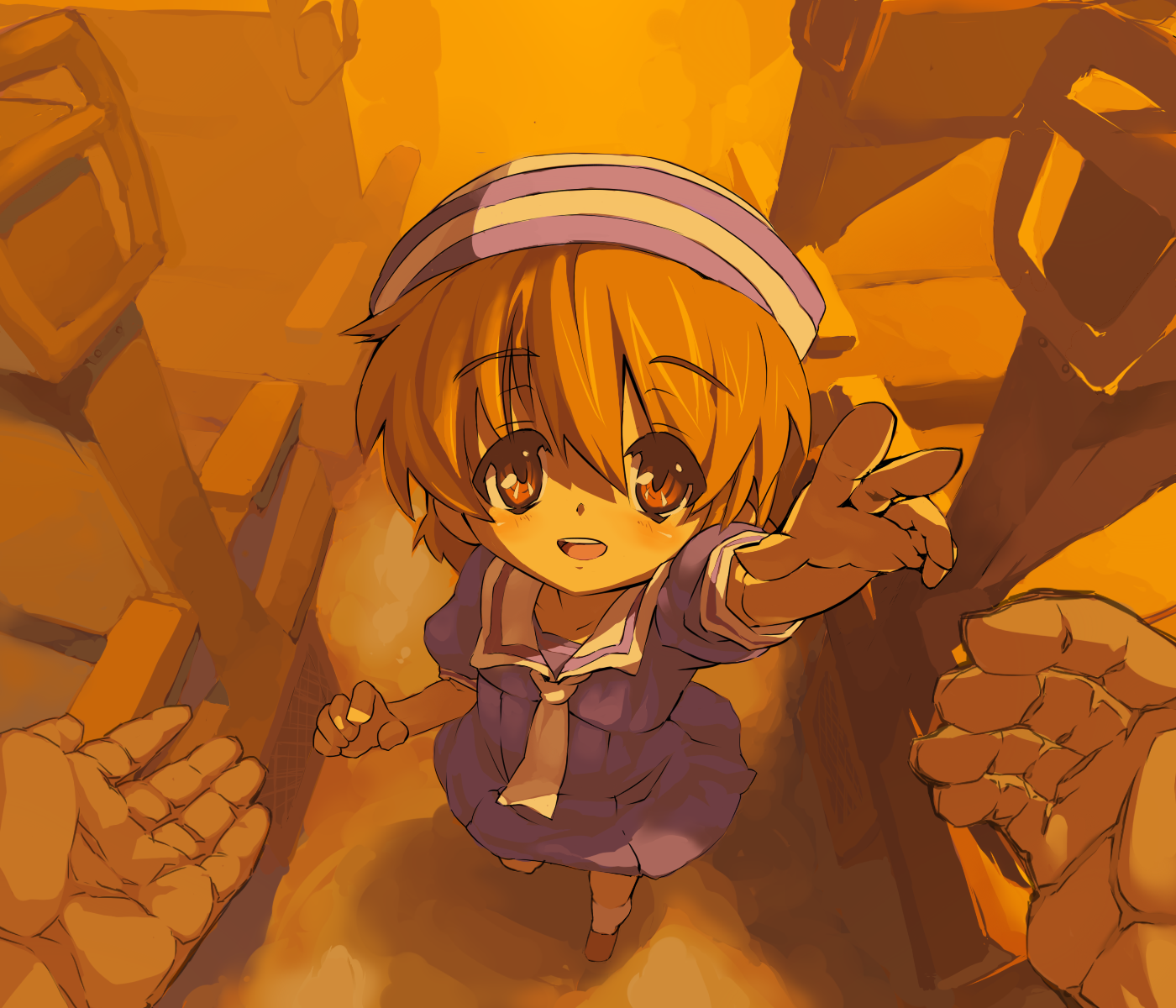 itsukia, okazaki ushio, clannad, highres, 00s, 1girl, ascot, brown eyes, brown hair, child, dixie cup hat, dress, foreshortening, hat, military hat, pov, sailor collar, sailor dress, short hair, solo focus, sunset
