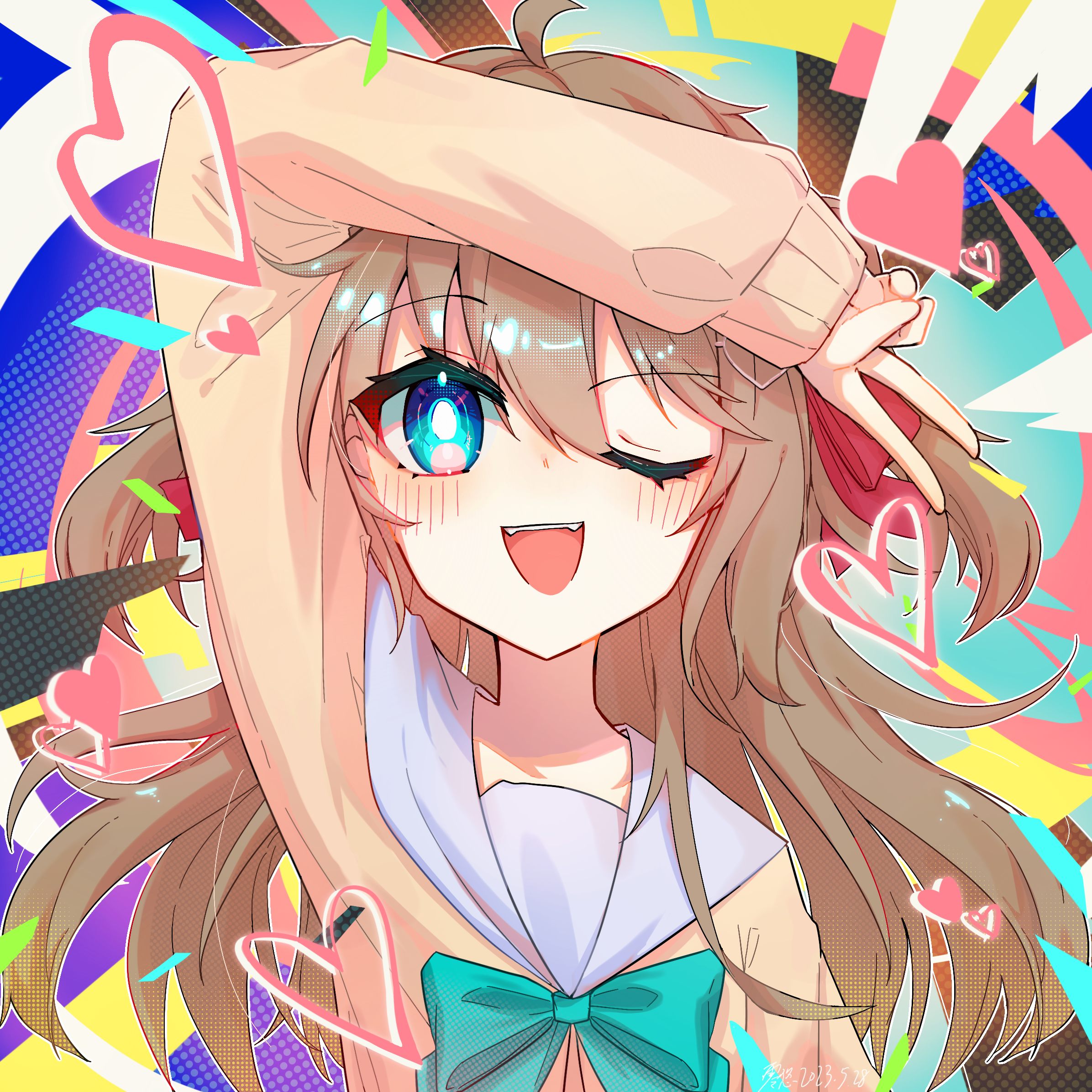 neuro-sama, commentary request, highres, 1girl, ahoge, aqua bow, aqua bowtie, arm up, blue eyes, blue sailor collar, bow, bowtie, cardigan, hair ribbon, heart, long hair, long sleeves, one eye closed, open mouth, red ribbon, ribbon, sailor collar, sleeves past wrists, solo, upper body, user hmyv8473, v, vedal ai, virtual youtuber, yellow cardigan