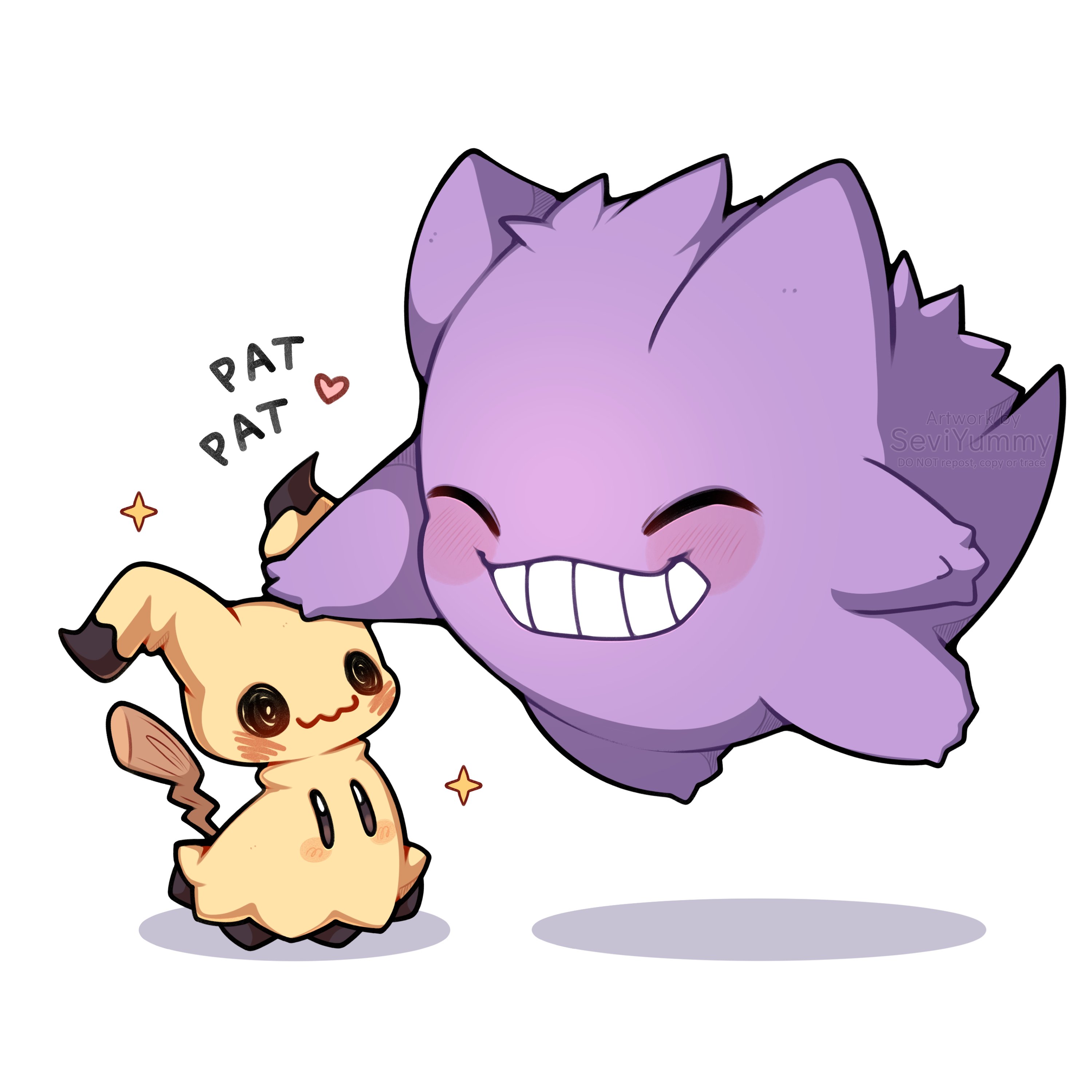 sevi (seviyummy), gengar, mimikyu, nintendo, pokemon, absurdres, highres, closed eyes, closed mouth, floating, full body, gen 1 pokemon, gen 7 pokemon, ghost, grin, headpat, heart, no humans, pokemon (creature), pokemon focus, simple background, smile, star (symbol), tail, teeth
