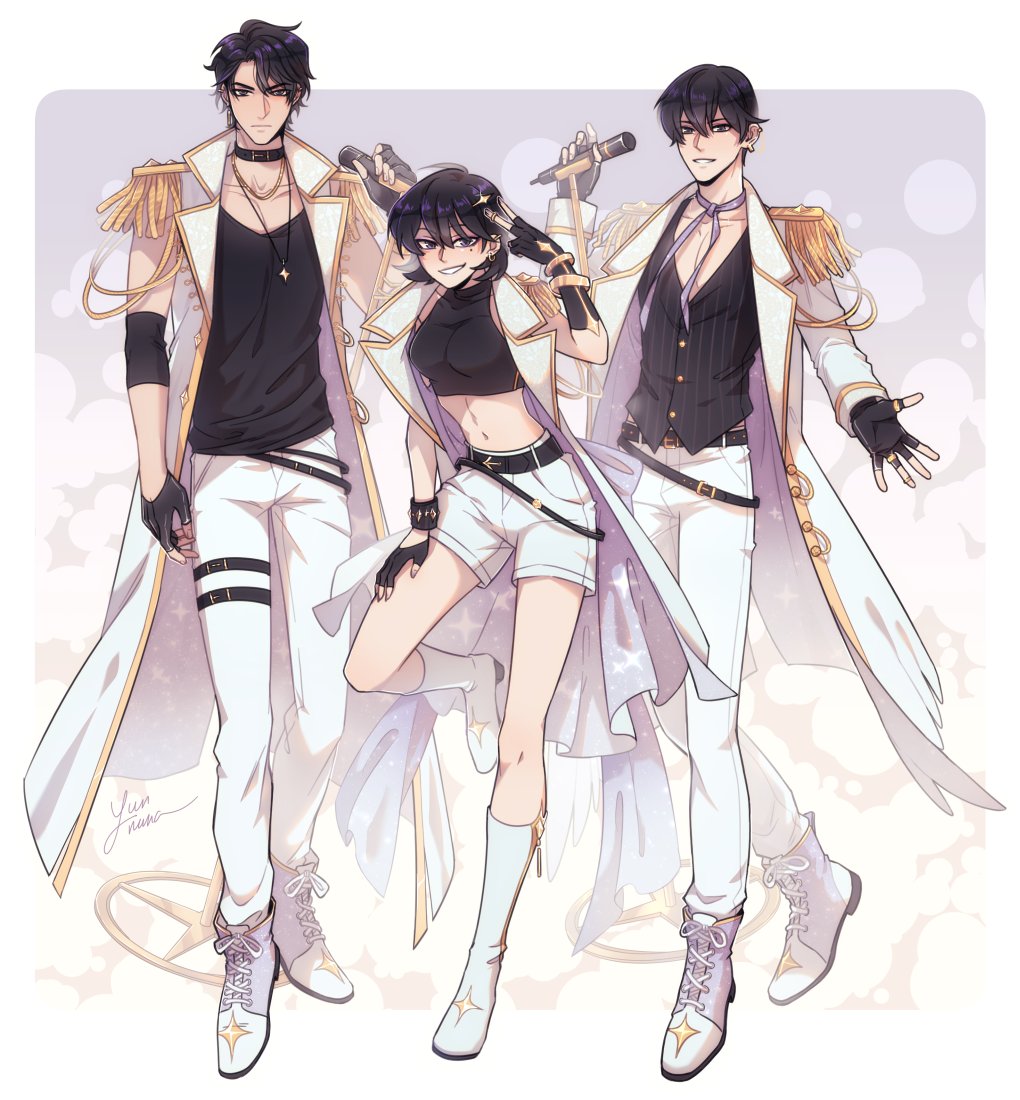 ginsan, han sooyoung, kim dokja, yoo joonghyuk, omniscient reader's viewpoint, 1girl, 2boys, :d, abstract background, belt, black eyes, black gloves, black hair, black shirt, boots, border, coat, collar, contrapposto, crop top, elbow pads, epaulettes, fingerless gloves, gloves, gold trim, halterneck, holding, holding microphone, idol, looking at viewer, matching outfits, microphone, microphone stand, multiple boys, neck ribbon, open clothes, open coat, open mouth, outside border, outstretched hand, pectoral cleavage, pectorals, ribbon, shirt, short hair, shorts, smile, standing, standing on one leg, star pendant, v, white boots, white border, white coat, white shorts