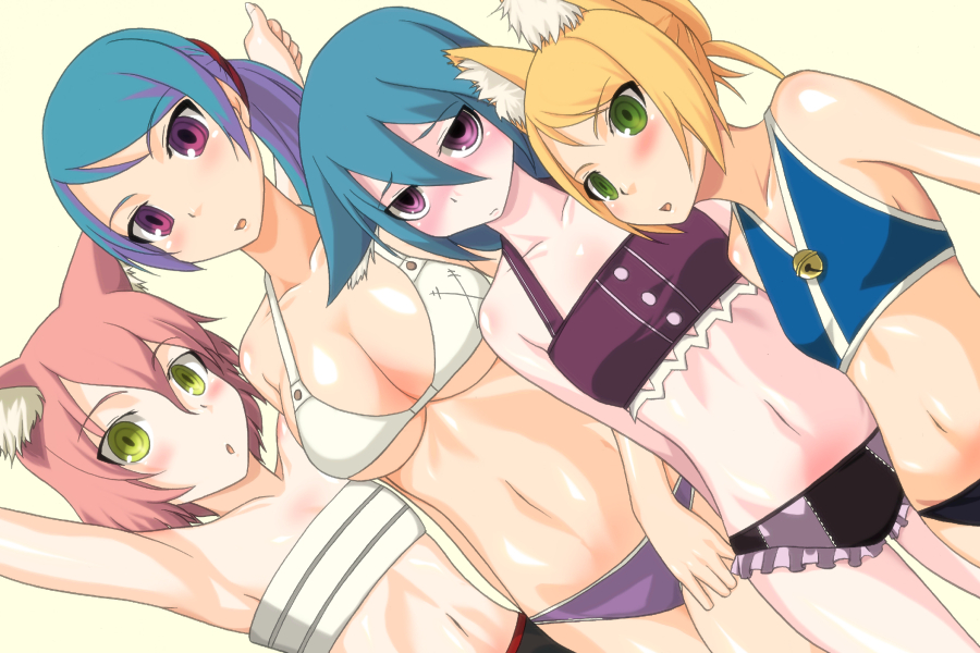 yuuki1103, fighter (7th dragon), harukara (7th dragon), melk (7th dragon), momomeno (7th dragon), namuna (7th dragon), princess (7th dragon), rogue (7th dragon), samurai (7th dragon), 7th dragon, 7th dragon (series), 4girls, animal ears, armpits, arms up, bikini, blonde hair, blush, cat ears, flat chest, fox ears, green eyes, green hair, long hair, multiple girls, outstretched arms, pink hair, purple eyes, red eyes, short hair, spread arms, swimsuit, the seventh dragon, yellow eyes