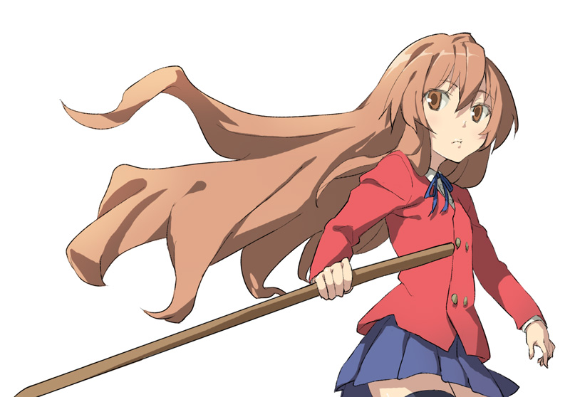houru, aisaka taiga, toradora!, 00s, 1girl, bokken, brown eyes, brown hair, female focus, long hair, miniskirt, school uniform, skirt, solo, sword, thighhighs, very long hair, weapon, wooden sword