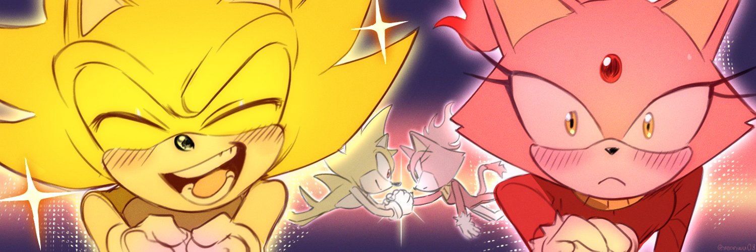 blaze the cat, burning blaze, sonic the hedgehog, super sonic, sonic (series), sonic rush, 1boy, 1girl, animal ears, blush, cat ears, cat girl, cat tail, closed eyes, forehead jewel, gloves, pink fur, sparkle, tail, white gloves, yellow eyes, yellow fur, yeonwu08