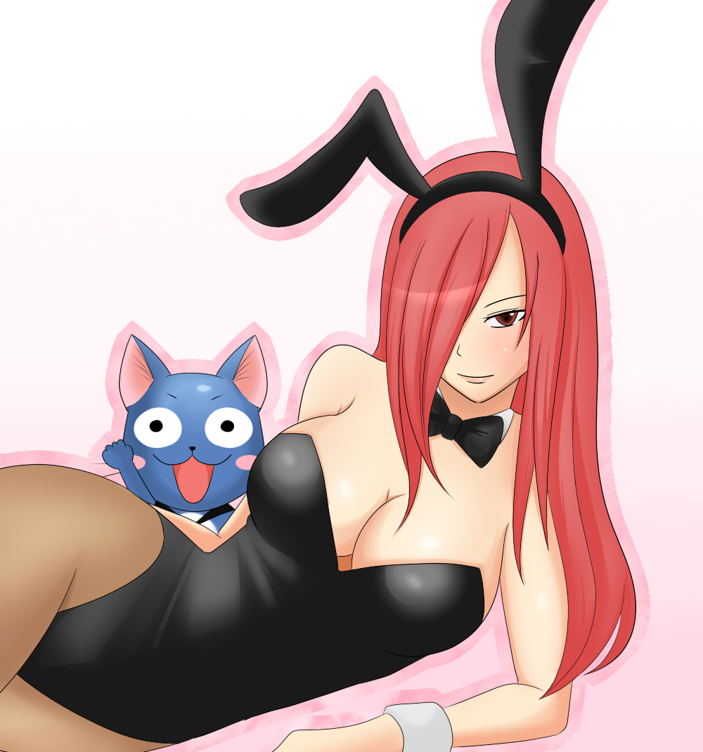 riisu, erza scarlet, happy (fairy tail), fairy tail, 00s, animal ears, breasts, cat, cleavage, fake animal ears, hair over one eye, large breasts, long hair, pantyhose, playboy bunny, rabbit ears, red eyes, red hair, solo