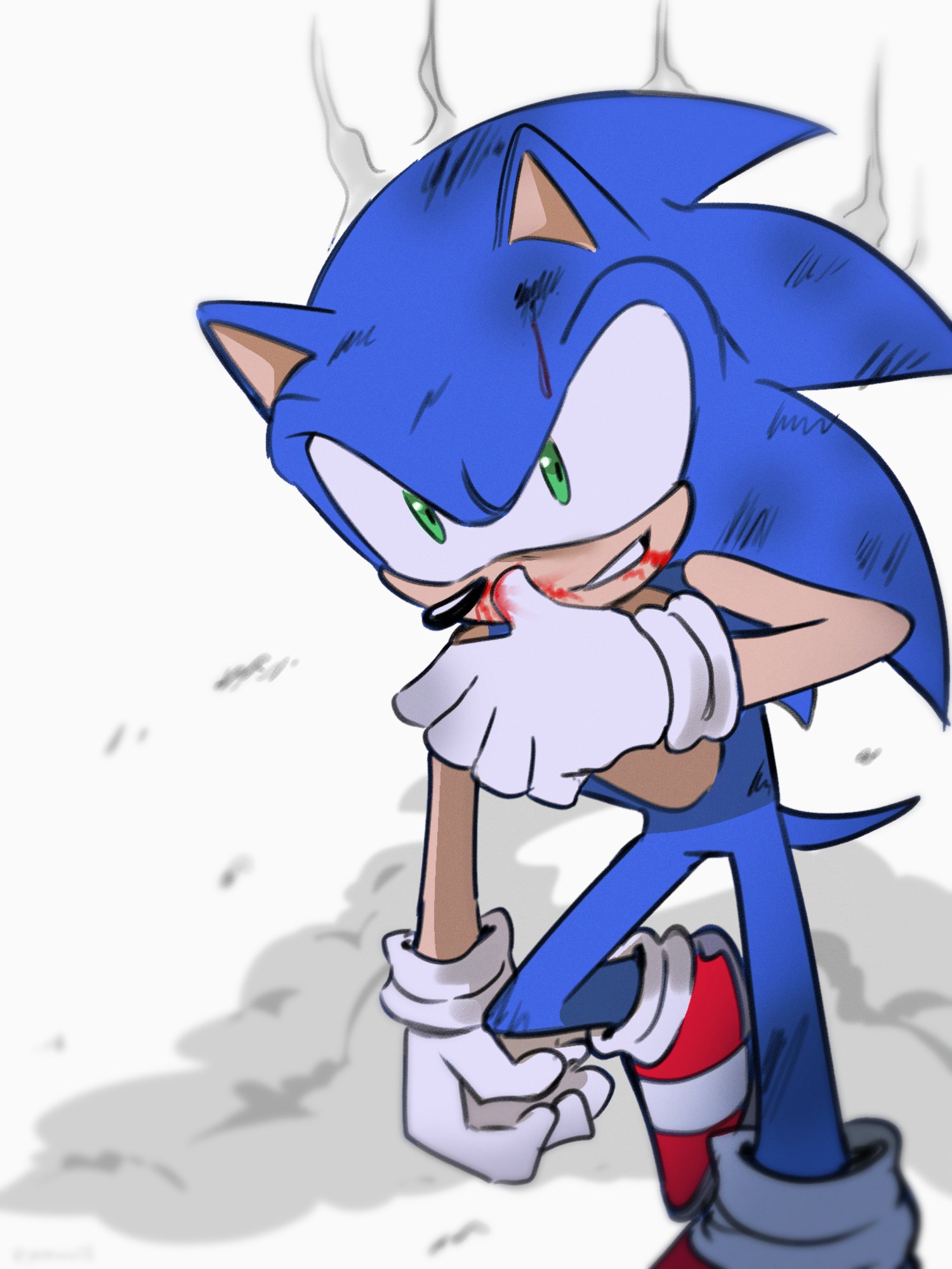 sonic the hedgehog, sonic (series), highres, bleeding, blood, blood on face, dirty, gloves, green eyes, grey background, red shoes, shoes, simple background, smirk, standing, standing on one leg, white gloves, yeonwu08