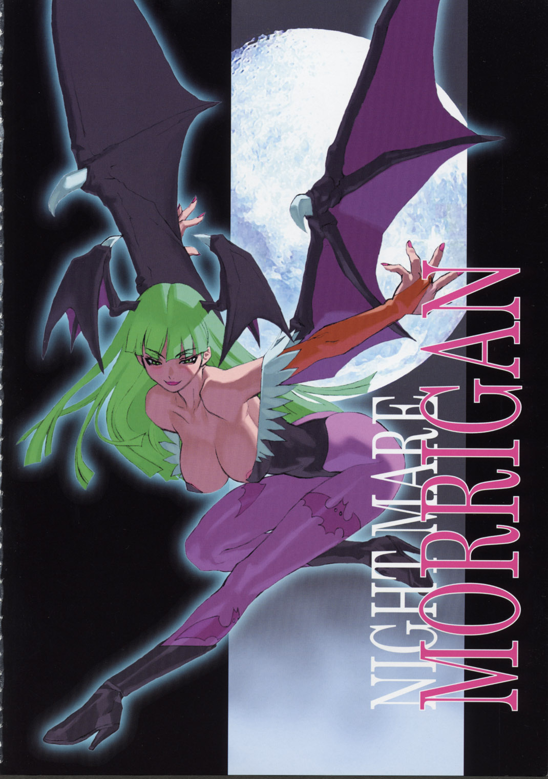 morrigan aensland, capcom, darkstalkers, highres, 1girl, animal print, areola slip, bat print, bat wings, black background, black boots, boots, breasts, cleavage, demon girl, female focus, from side, full moon, green eyes, green hair, half-closed eyes, head wings, high heel boots, high heels, large breasts, long hair, matching hair/eyes, moon, off shoulder, pantyhose, print pantyhose, purple pantyhose, solo, wings