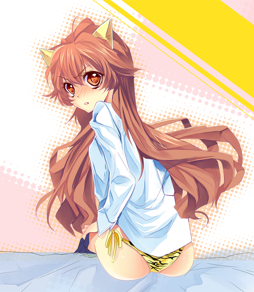 yu (bkks), aisaka taiga, toradora!, bad id, bad pixiv id, 00s, 1girl, brown eyes, brown hair, dressing, female focus, long hair, looking back, panties, side-tie panties, solo, underwear