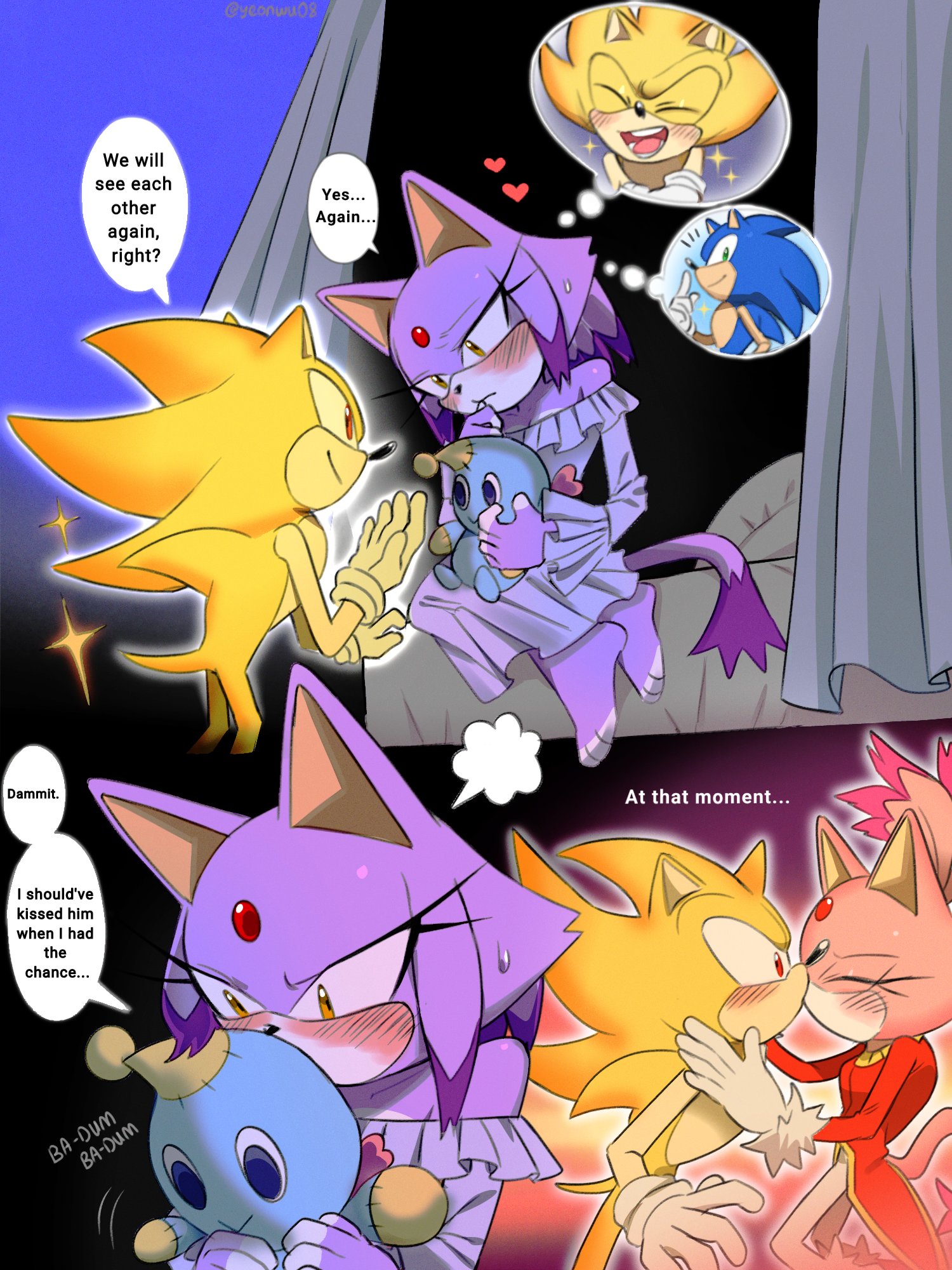 blaze the cat, burning blaze, chao (sonic), sonic the hedgehog, super sonic, sonic (series), sonic rush, highres, 1boy, 1girl, animal ears, blush, cat ears, cat girl, cat tail, closed eyes, forehead jewel, fur-trimmed gloves, fur trim, gloves, heart, hugging doll, hugging object, kiss, pink fur, sleepwear, speech bubble, stuffed toy, tail, thought bubble, white gloves, yellow fur, yeonwu08
