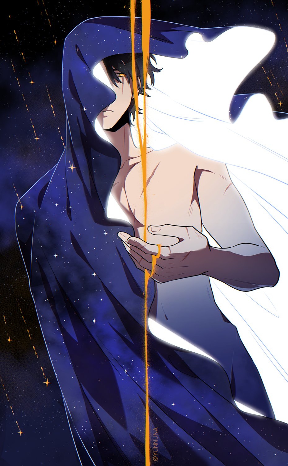 ginsan, secretive plotter, omniscient reader's viewpoint, highres, 1boy, black hair, cloak, cowboy shot, falling sand, hood, hood up, hooded cloak, looking at viewer, male focus, meteor shower, multiple scars, no pants, no shirt, one eye covered, sand, scar, scar across eye, scar on arm, scar on chest, scar on face, scar on hand, short hair, solo, starry sky print, yellow eyes
