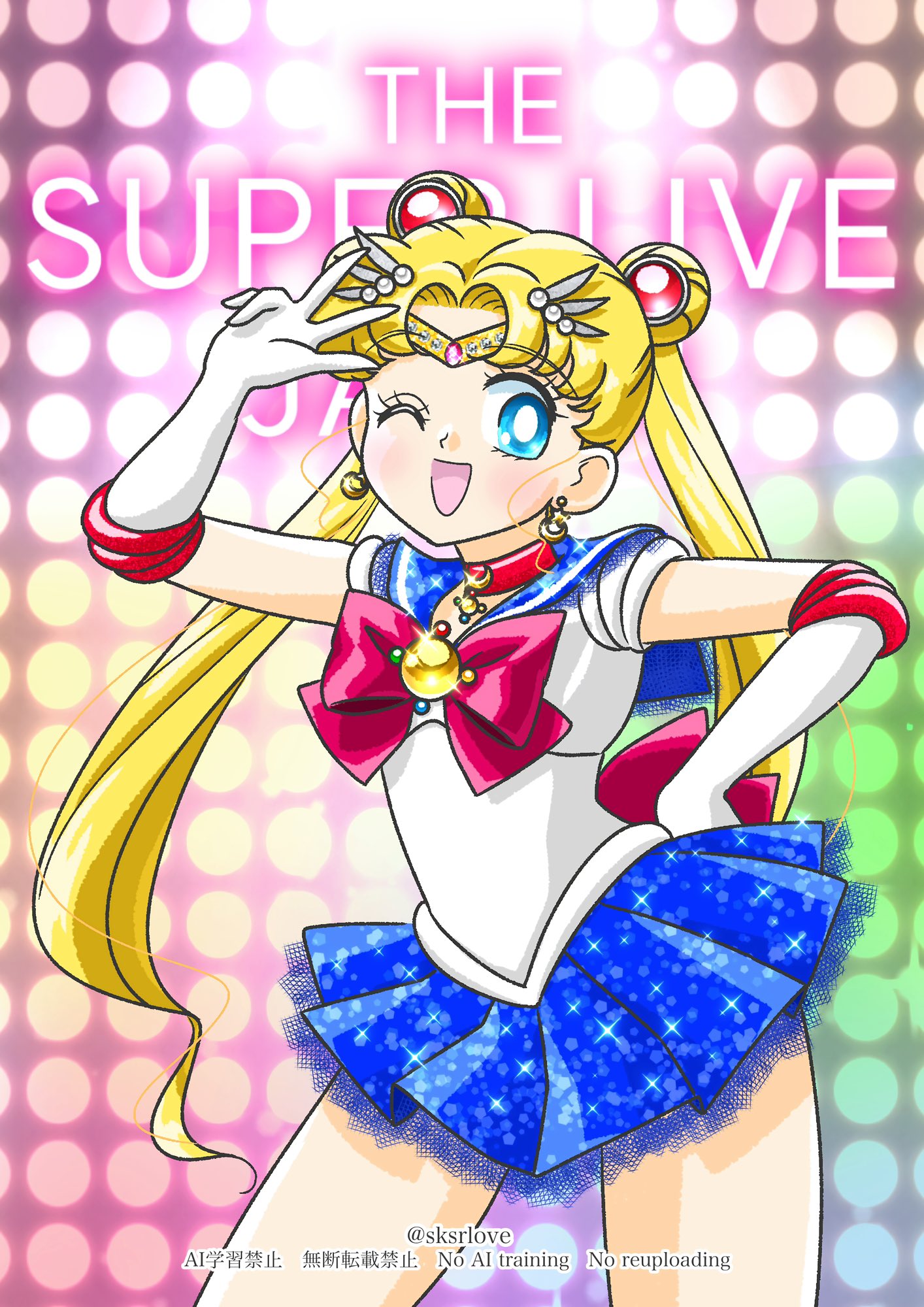 sksrlove, sailor moon, tsukino usagi, bishoujo senshi sailor moon, commentary request, highres, 1girl, blonde hair, blue eyes, blue sailor collar, bow, choker, circlet, crescent, crescent earrings, double bun, earrings, elbow gloves, glitter, gloves, hair bun, hair ornament, jewelry, long hair, looking at viewer, magical girl, one eye closed, parted bangs, red bow, red choker, sailor collar, sailor senshi uniform, simple background, smile, solo, twintails, white background, white gloves