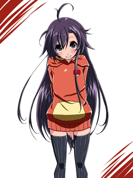 satsuki imonet, kuhouin murasaki, kure-nai, kurenai, 00s, 1girl, arms behind back, female focus, flat chest, hood, hoodie, purple eyes, purple hair, solo, thighhighs