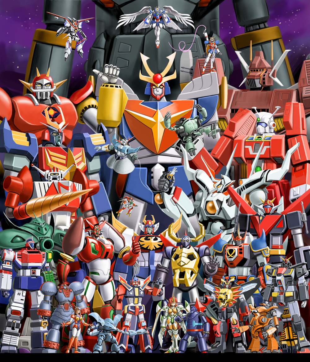 dorasu, baldios, baratack, big zam, billbine, braiger, d-1, daitarn 3, diapolon, gaiking (dmg), galapagos, gaogaigar, giant robo (mecha), god sigma, godmars, goshogun, gunbuster, hygogg, ideon, iron gear, kapool, nobel gundam, psycho gundam, shin getter-1, tetsujin 28, trider g7 (robot), valsione, venus a, wing gundam zero custom, xabungle (mecha), zeong, zeorymer, banpresto, chojin sentai baratack, choujin sentai baratack, daikuu maryuu gaiking, densetsu kyojin ideon, g gundam, gaiking, getter robo, giant robo, ginga senpuu braiger, great mazinger, gundam, gundam 0080, gundam wing, hades project zeorymer, j9 series, kikou senki dragonar, mazinger (series), mobile suit gundam, muteki kojin daitarn 3, muteki koujin daitarn 3, rokushin gattai godmars, seisenshi dunbine, sengoku majin goshogun, sentou mecha xabungle, shin getter robo, space emperor god sigma, super robot wars, super robot wars the lord of elemental, tetsujin 28-gou, tetsujin 28-gou (classic), tetsujin 28go fx, toei company, top wo nerae!, top wo nerae! (series), trider g7, turn a gundam, uchuu senshi baldios, uchuu taitei god sigma, ufo warrior dai apolon, xabungle, yuusha ou gaogaigar, yuusha series, zeta gundam, 1980s (style), annotated, character request, 1960s (style), 1970s (style), 1990s (style), 1girl, beam ribbon, brygar, energy, energy sword, energy weapon, energy whip, everyone, god mars, holding hands, landship, mecha, mecha focus, oldschool, retro artstyle, robot, super robot, sword, thumbs up, waving, weapon, whip, whip sword, zeormyer