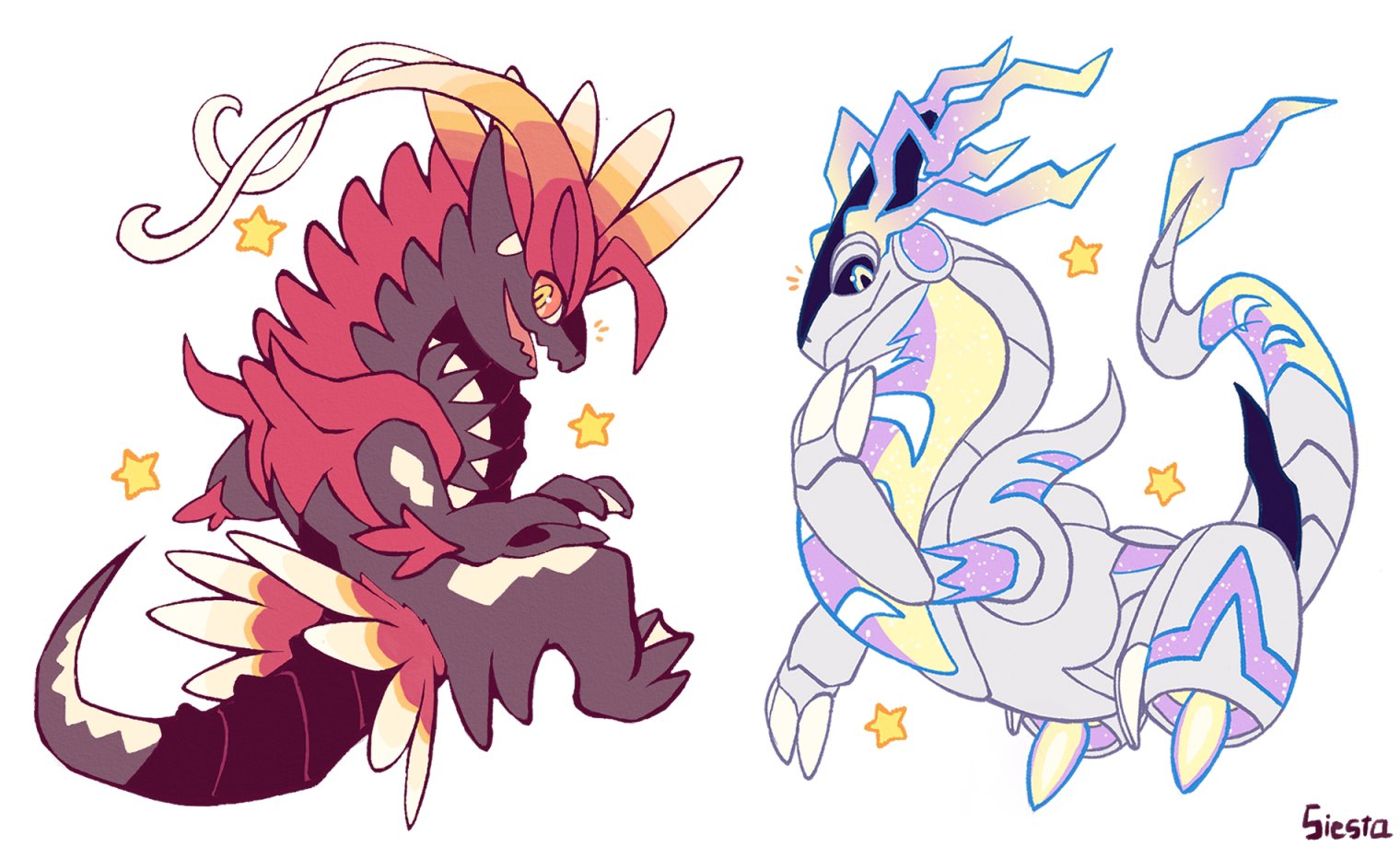 siestingtime, koraidon, miraidon, nintendo, pokemon, pokemon sv, alternate color, black sclera, claws, closed mouth, colored sclera, dragon, no humans, non-humanoid robot, open mouth, pokemon (creature), pokemon focus, red sclera, robot, robot dragon, shiny pokemon, smile, star (symbol), tail, yellow eyes, yellow sclera
