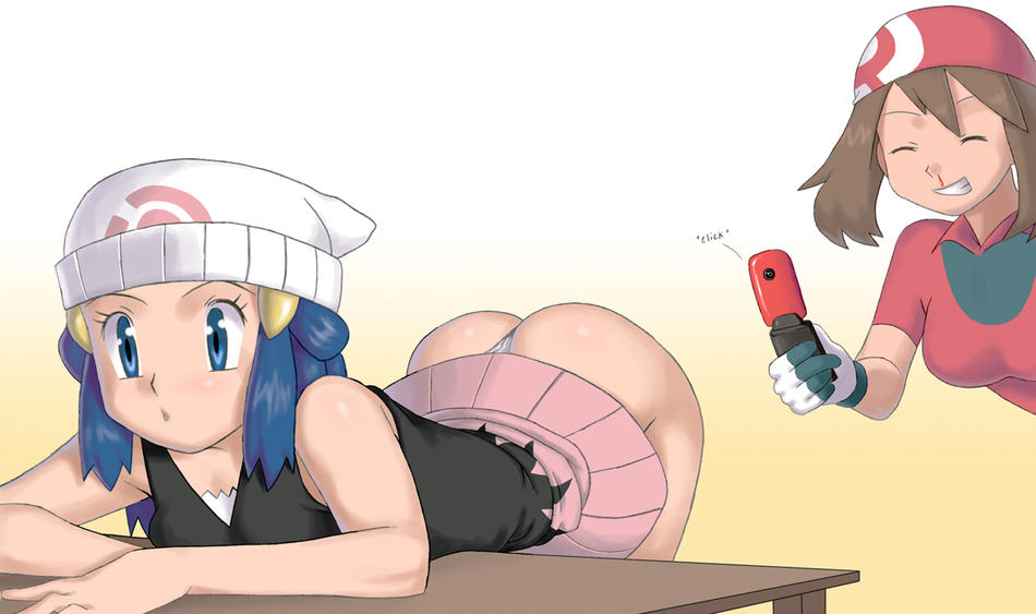 apostle, haruka (pokemon), hikari (pokemon), nintendo, pokemon, 2girls, ^ ^, arm support, ass, beanie, bent over, blood, blue eyes, blue hair, brown hair, camera, cellphone, closed eyes, gloves, grin, hair ornament, hat, miniskirt, multiple girls, nosebleed, panties, phone, skirt, skirt lift, smile, table, thong, underwear