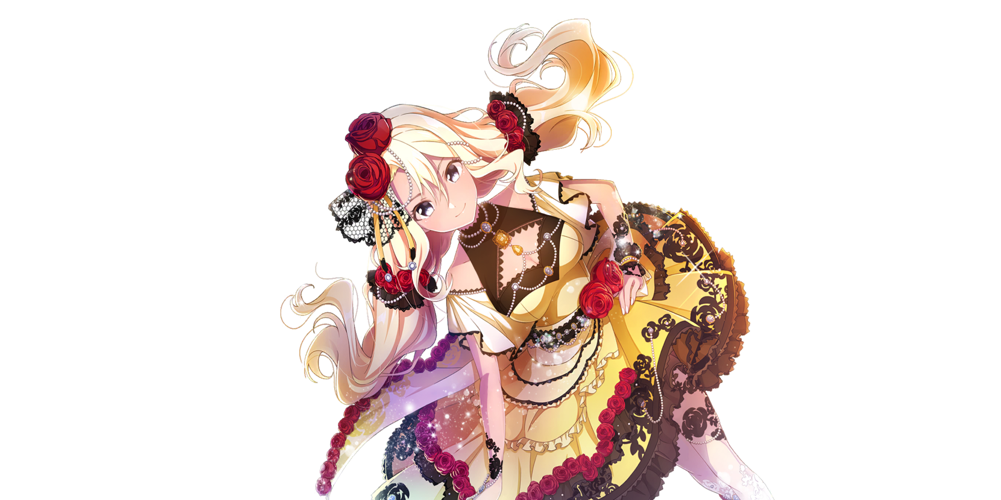 lapis re:lights, game cg, highres, official art, third-party source, 1girl, bare shoulders, blonde hair, breasts, cleavage, cleavage cutout, closed mouth, clothing cutout, dark-skinned female, dark skin, dress, dutch angle, floral print, floral print dress, flower, hair flower, hair ornament, hand on own hip, long hair, looking at viewer, medium breasts, off-shoulder dress, off shoulder, pantyhose, print dress, print pantyhose, purple eyes, ratura (lapis re:lights), red flower, red rose, rose, simple background, smile, solo, transparent background, twintails, white pantyhose, yellow dress