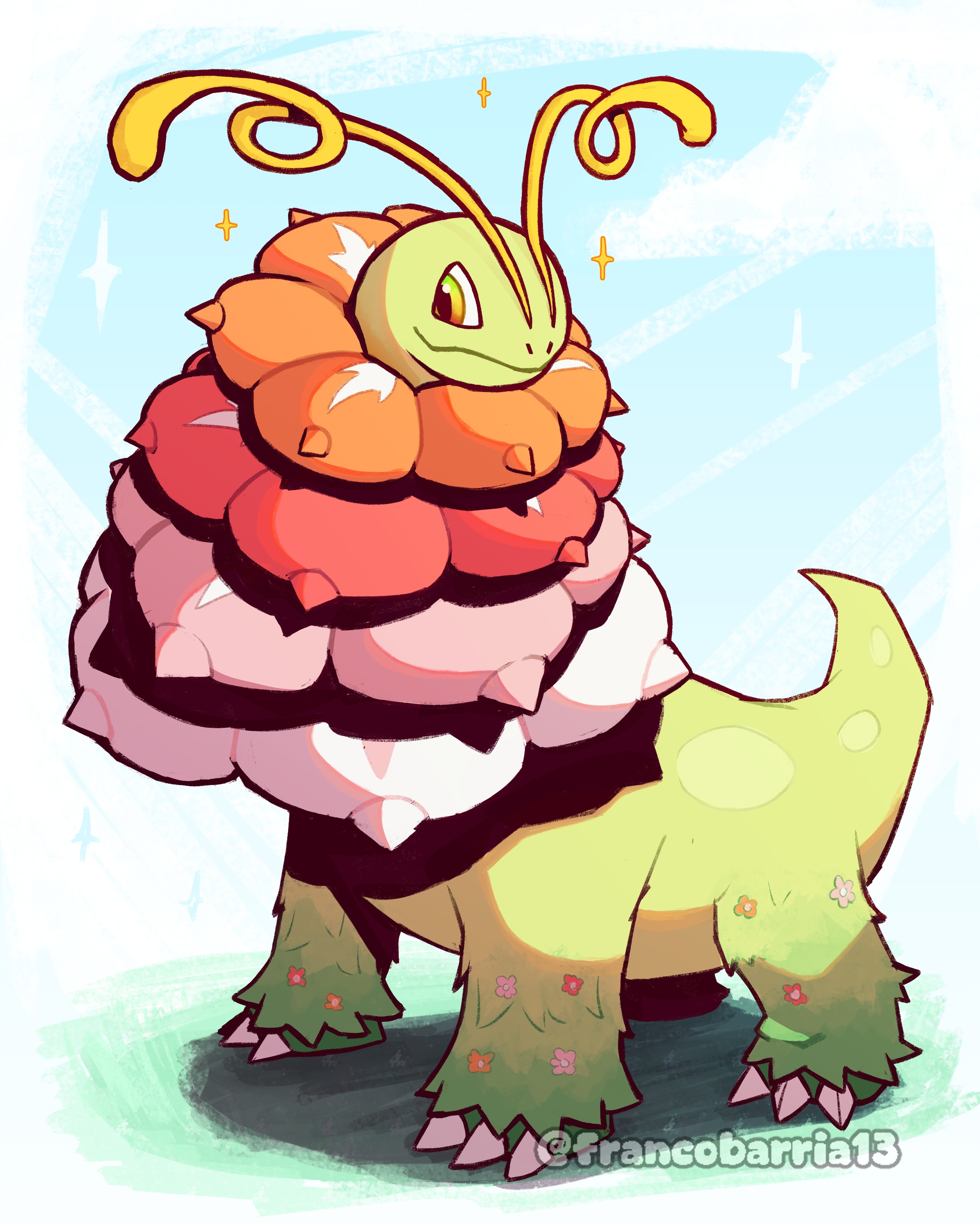 meganium, nintendo, pokemon, pokemon legends: z-a, absurdres, highres, antennae, claws, closed mouth, flower, francobarria13, full body, gen 2 pokemon, gradient eyes, mega meganium, mega pokemon, multicolored eyes, no humans, pokemon (creature), pokemon focus, solo, star (symbol), tail