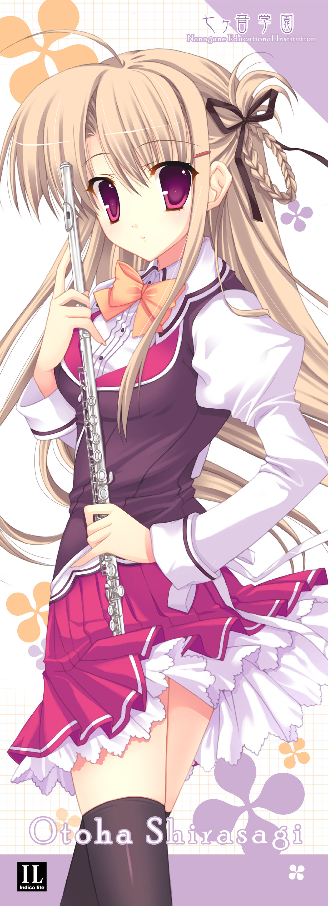 mitha, shirasagi otoha, nanagane educational institution, absurdres, highres, long image, tall image, 1girl, black thighhighs, blonde hair, character name, female focus, flute, instrument, long hair, pink eyes, school uniform, solo, stick poster, thighhighs