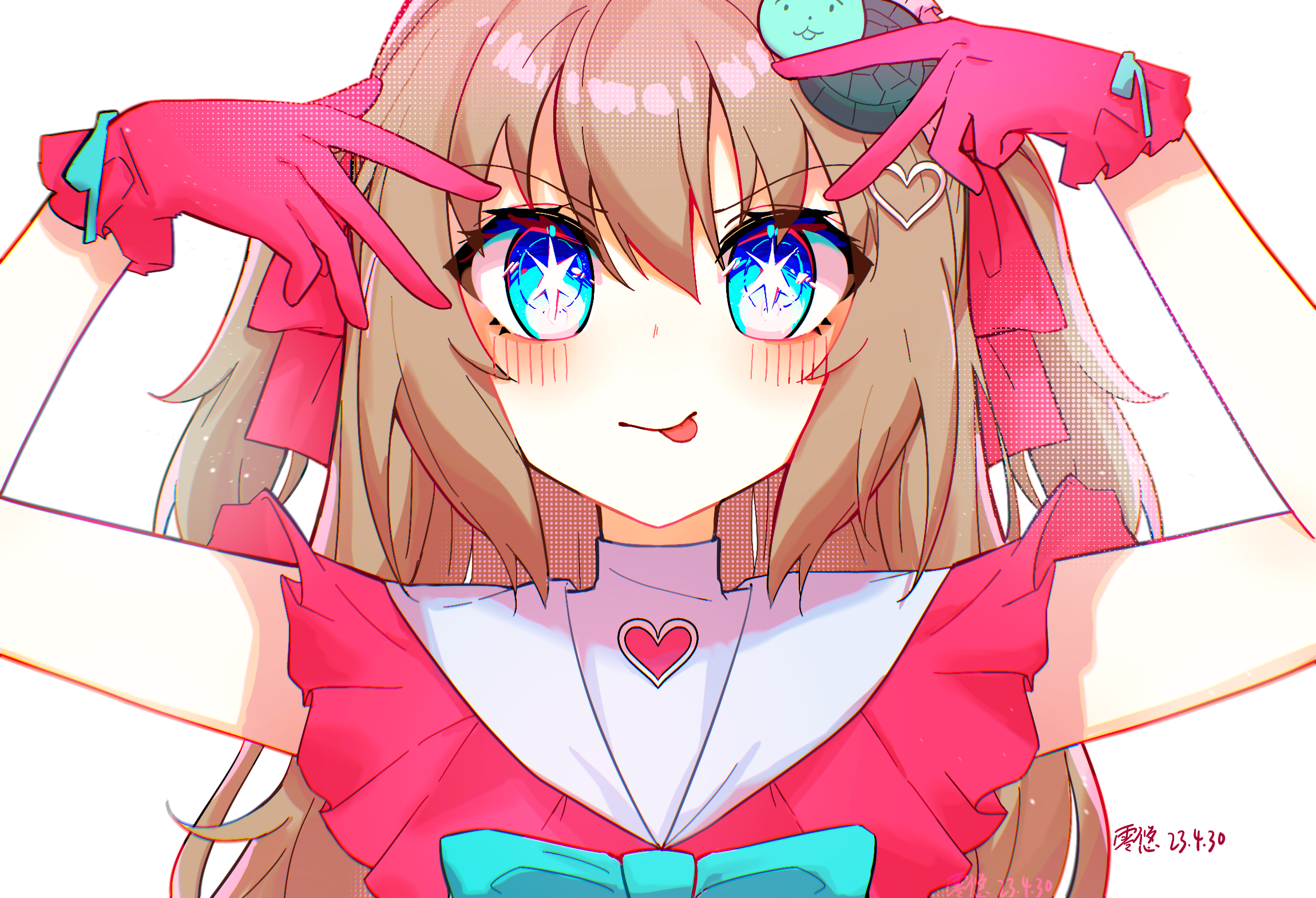 hoshino ai, neuro-sama, commentary request, highres, 1girl, aqua bow, aqua bowtie, blue eyes, bow, bowtie, brown hair, closed mouth, cosplay, double inward v, dress, gloves, hair between eyes, hair ornament, hair ribbon, heart, heart hair ornament, hoshino ai (cosplay), idol clothes, long hair, pink dress, pink gloves, pink ribbon, pose imitation, ribbon, side-seamed gloves, signature, solo, star-shaped pupils, star (symbol), symbol-shaped pupils, tongue, tongue out, turtle hair ornament, upper body, user hmyv8473, vedal ai, virtual youtuber, white background