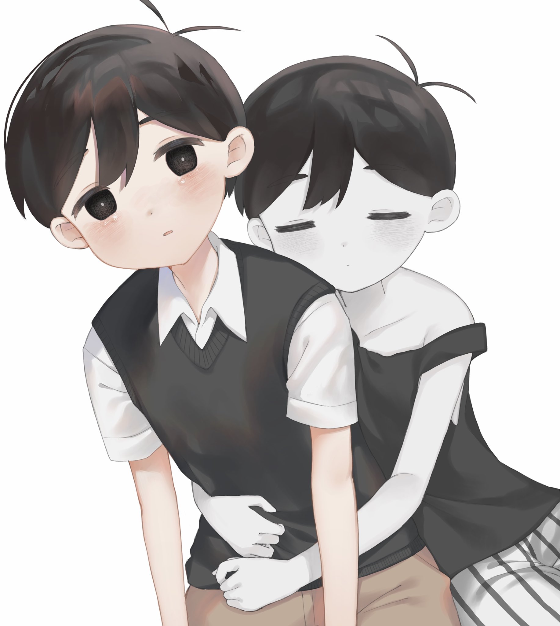 hato popo 37, omori (omori), sunny (omori), omori, highres, 2boys, bare shoulders, black eyes, black hair, black sweater vest, black tank top, bright pupils, closed eyes, closed mouth, collarbone, collared shirt, colored skin, dual persona, hug, hug from behind, looking at viewer, male focus, multiple boys, parted lips, shirt, short hair, short sleeves, shorts, simple background, striped clothes, striped shorts, sweater vest, tank top, tearing up, vertical-striped clothes, vertical-striped shorts, white background, white pupils, white shirt, white shorts, white skin