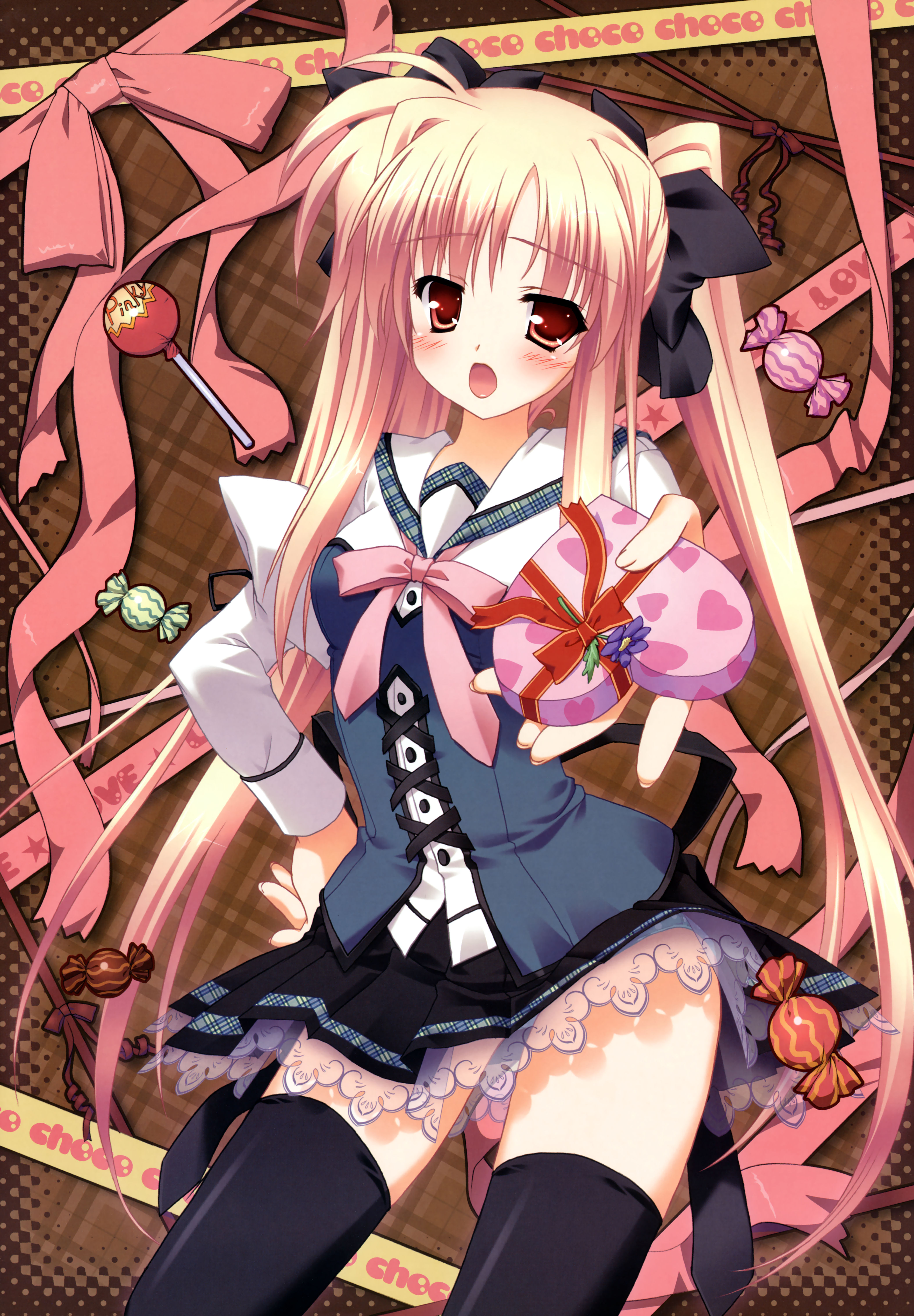 hinamatsuri touko, sugasano karen, mikoko (game), absurdres, highres, 1girl, black thighhighs, blonde hair, blush, candy, female focus, food, long hair, school uniform, solo, thighhighs, twintails, valentine