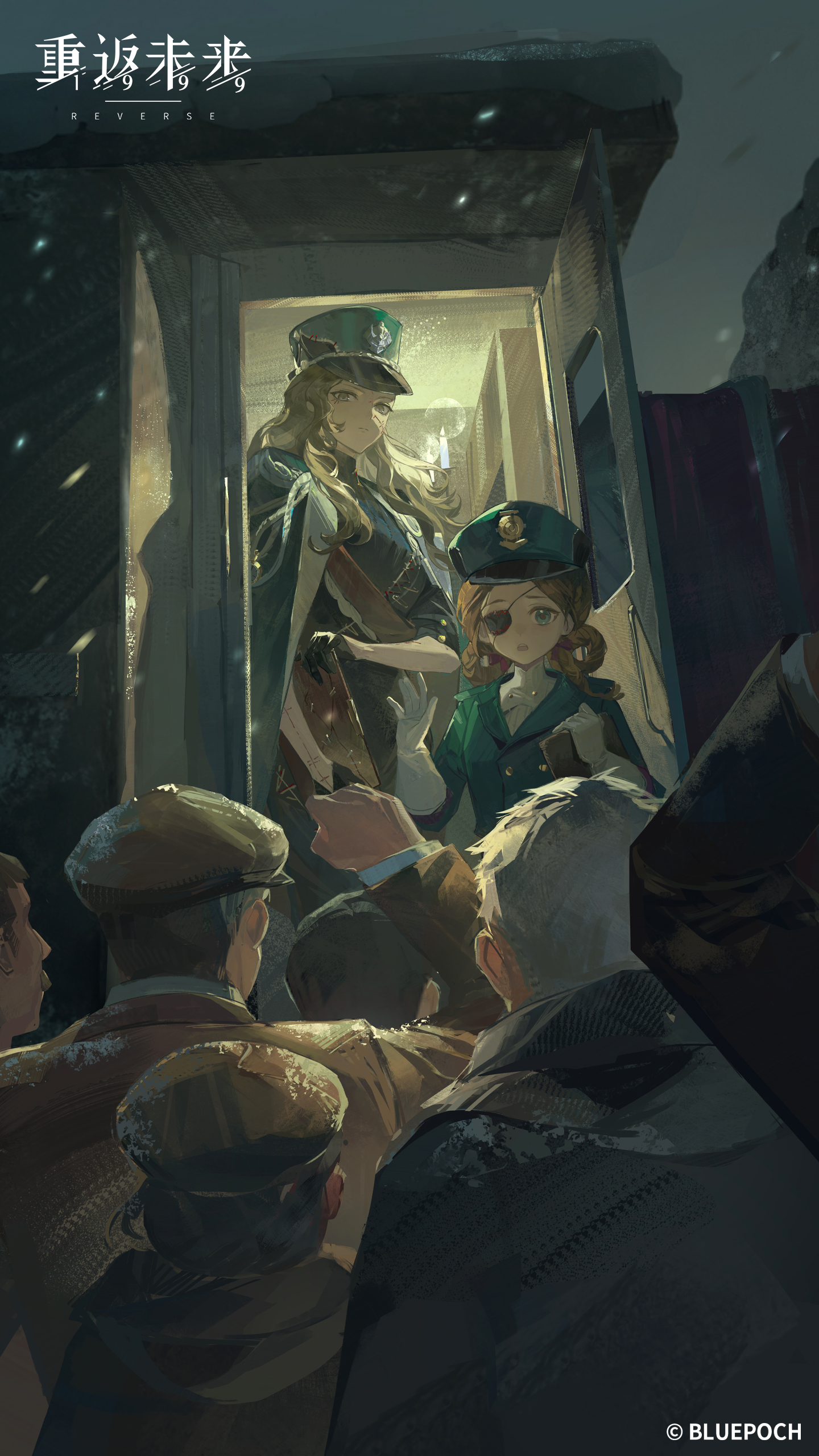 reverse:1999, absurdres, highres, official art, official wallpaper, 2girls, :o, aima (reverse:1999), backlighting, black coat, black dress, black gloves, blue eyes, braid, braided hair rings, brown eyes, brown hair, clipboard, coat, coat on shoulders, copyright name, copyright notice, corvus (reverse:1999), crowd, dress, eyepatch, gloves, green hat, green jacket, hair rings, hands up, hat, holding, holding clipboard, jacket, logo, long hair, looking at viewer, multiple girls, night, night sky, one eye covered, peaked cap, people, red sash, sash, short hair, shoulder sash, sky, snowing, stitched arm, stitched face, stitches, train, train attendant, travel attendant, upper body, white gloves