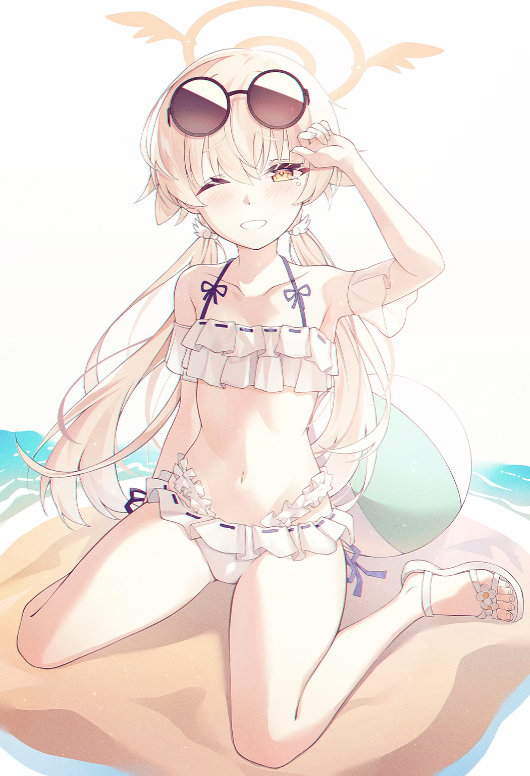 infinity (kkx132), hifumi (blue archive), hifumi (swimsuit) (blue archive), blue archive, commentary, highres, 1girl, ;d, ball, barefoot, beachball, bikini, black-framed eyewear, blonde hair, blush, collarbone, eyewear on head, frilled bikini, frills, full body, halo, highleg, long hair, low twintails, navel, one eye closed, open mouth, sand, sandals, shoes, smile, solo, stomach, sunglasses, swimsuit, twintails, water, white background, white bikini, white shoes, yellow eyes, yellow halo