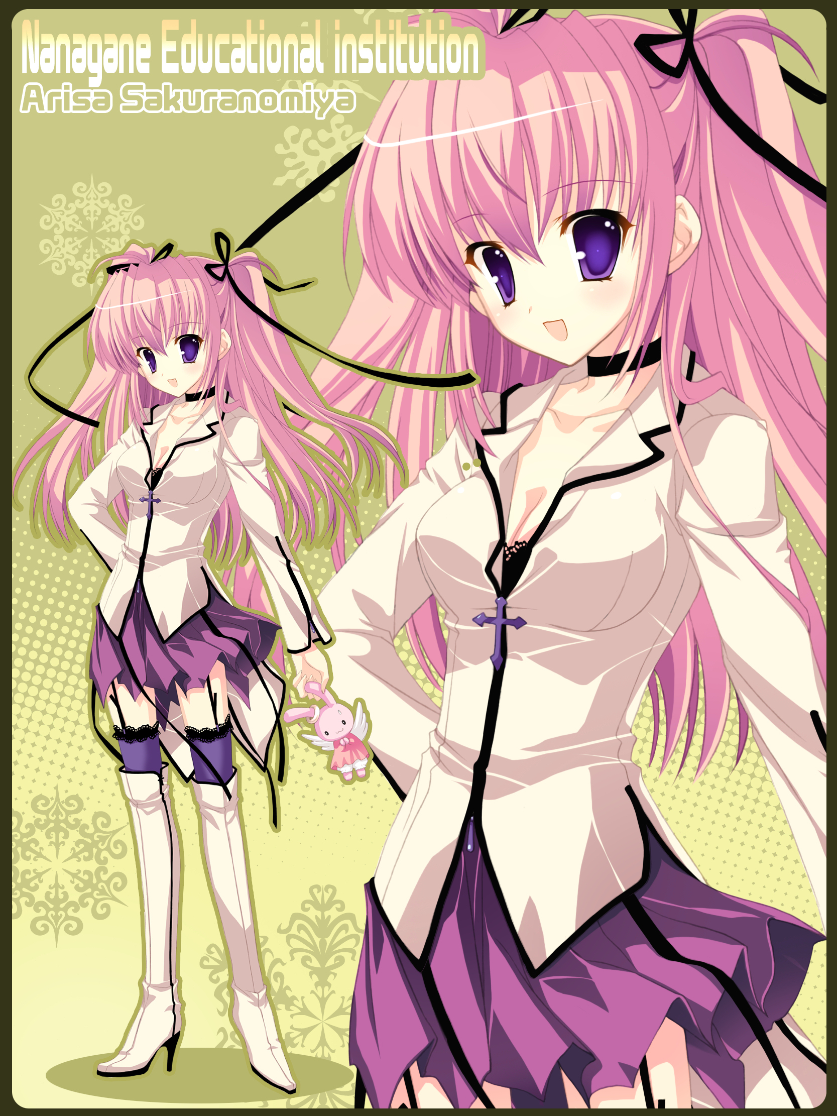 mitha, sakuranomiya arisa, nanagane educational institution, highres, 1girl, breasts, cleavage, hair ribbon, long hair, medium breasts, pink hair, purple eyes, ribbon, small breasts, twintails, two side up