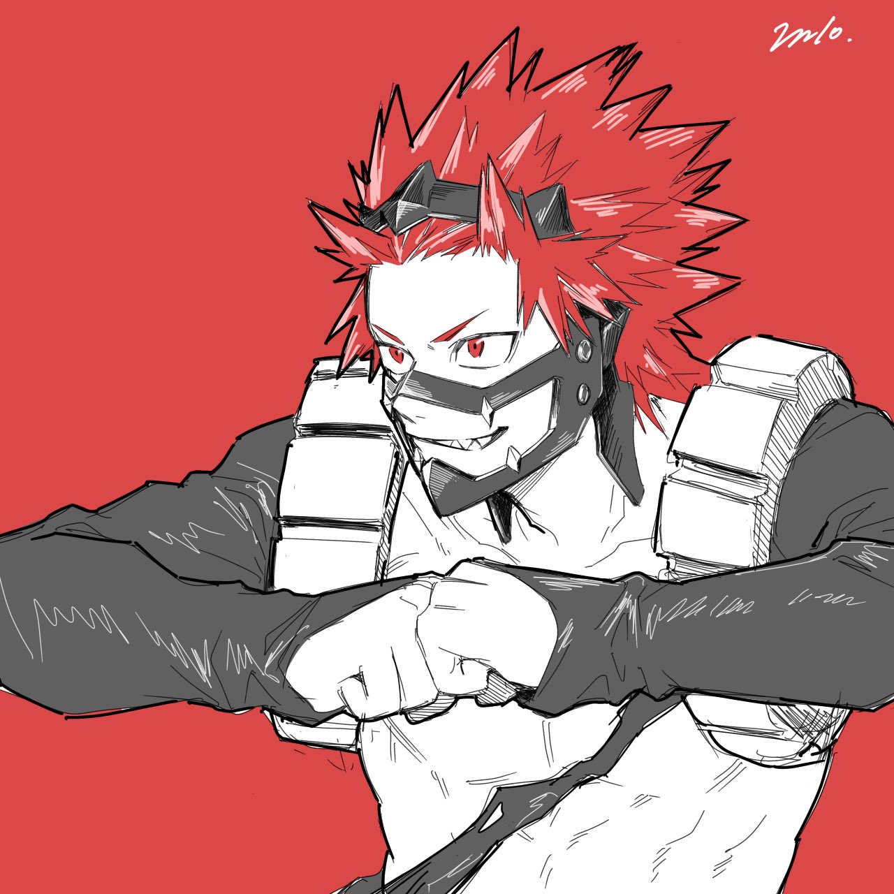 kirishima eijiro, boku no hero academia, commentary request, highres, 17pagdot0w79390, 1boy, closed mouth, greyscale, male focus, monochrome, red background, red hair, sharp teeth, short hair, simple background, smile, solo, spiked hair, spot color, superhero costume, teeth, upper body