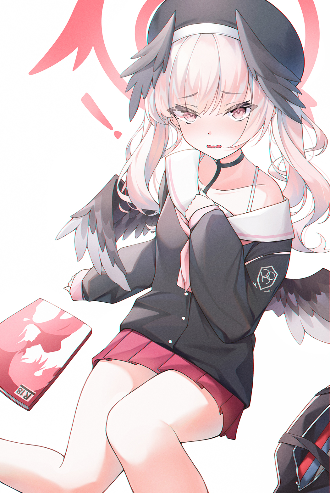 infinity (kkx132), koharu (blue archive), blue archive, commentary, highres, !, 1girl, beret, black choker, black hat, black shirt, black wings, blush, bra strap, choker, collarbone, feathered wings, halo, hat, head wings, looking at viewer, low wings, manga (object), medium hair, neckerchief, pink eyes, pink hair, pink neckerchief, pleated skirt, red halo, red skirt, sailor collar, shirt, skirt, sleeves past fingers, sleeves past wrists, solo, twintails, white background, white sailor collar, wings