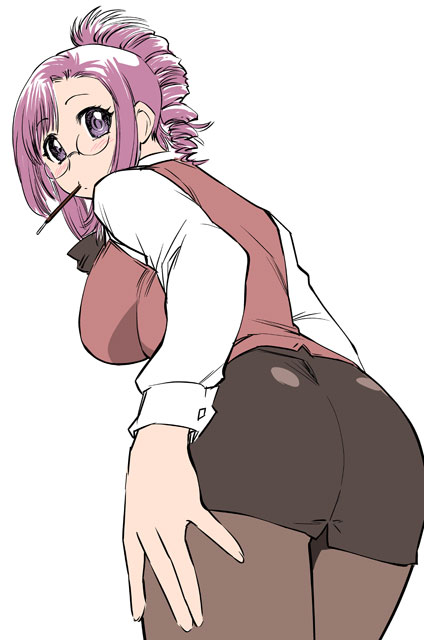 ueyama michirou, kazami mizuho, onegai teacher, 00s, 1girl, ass, bent over, blush, breasts, female focus, food, from behind, glasses, hair up, large breasts, long hair, looking back, miniskirt, mouth hold, pantyhose, pencil skirt, pince-nez, pink hair, pocky, purple eyes, skirt, solo, teacher