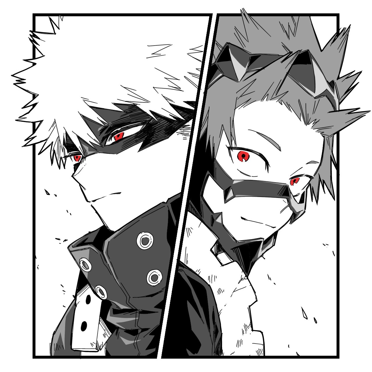 bakugou katsuki, kirishima eijiro, boku no hero academia, commentary request, highres, 17pagdot0w79390, 2boys, closed mouth, eye mask, greyscale, light smile, male focus, mask, monochrome, multiple boys, red eyes, short hair, spiked hair, spot color, superhero costume, upper body