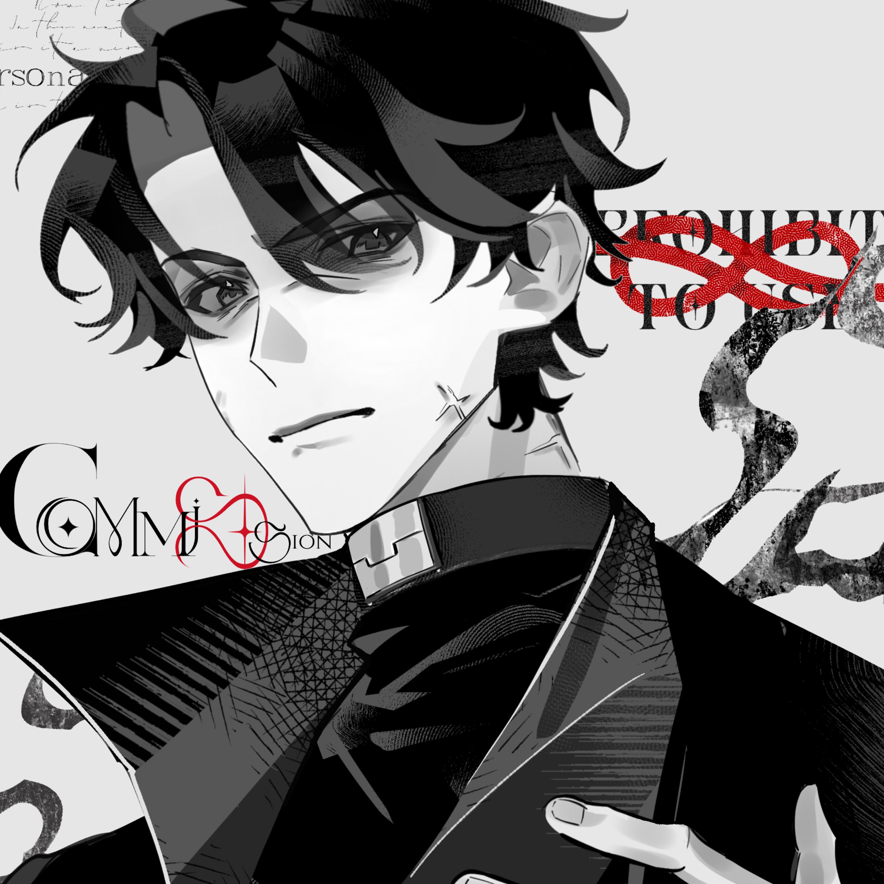 yoo joonghyuk, omniscient reader's viewpoint, absurdres, highres, 1boy, black coat, black eyes, black hair, black shirt, coat, cross scar, curtained hair, infinity symbol, looking at viewer, male focus, narrowed eyes, open clothes, open coat, partially colored, popped collar, portrait, raised eyebrows, scar, scar on face, shirt, short hair, solo, su xueman
