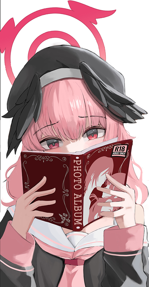 koharu (blue archive), blue archive, 1girl, black hat, black wings, blush, covering face, feathered wings, gim111035, halo, hat, head wings, long hair, looking at viewer, neckerchief, pink hair, pink neckerchief, red eyes, red halo, sailor collar, sidelocks, single bare shoulder, solo, upper body, white sailor collar, wings