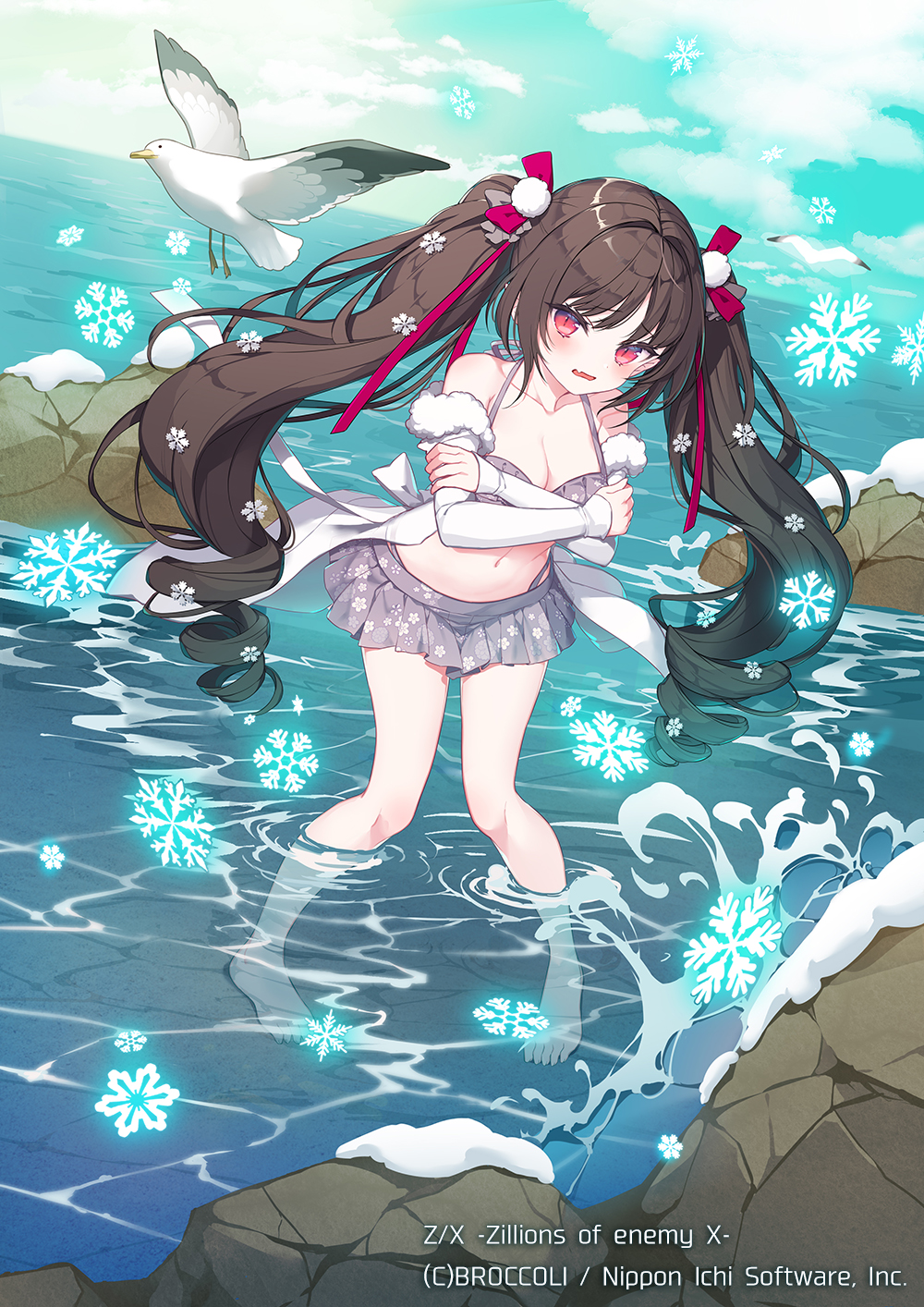 patori, z/x, highres, official art, 1girl, arane (z/x), bikini, bird, black hair, blue sky, breasts, cleavage, cloud, cloudy sky, copyright notice, covering breasts, covering privates, detached sleeves, drill hair, fang, fur-trimmed sleeves, fur trim, grey bikini, hair ornament, long hair, medium breasts, navel, ocean, open mouth, red eyes, rock, sky, snow, snowflakes, swimsuit, twin drills, wading, white sleeves
