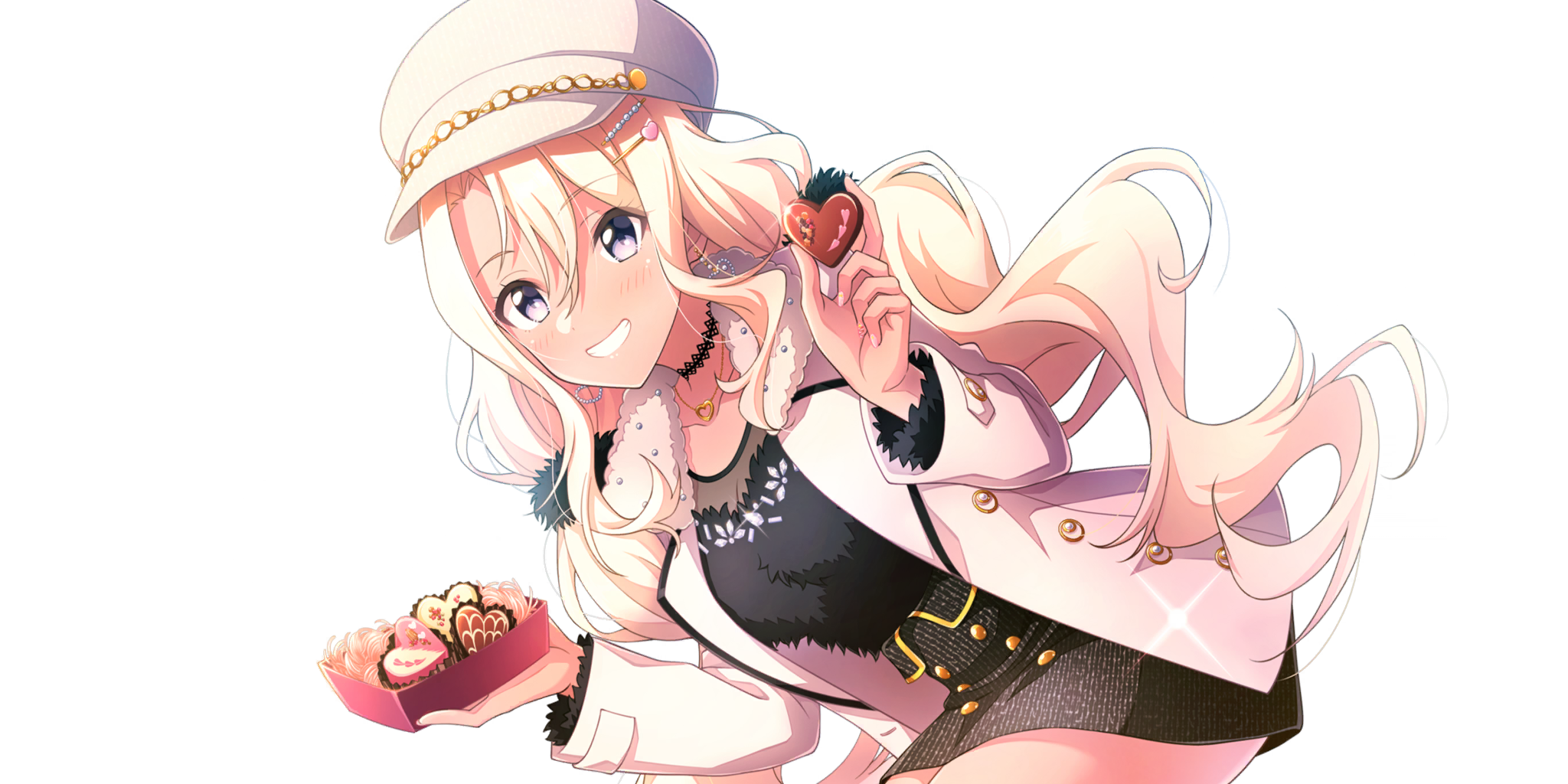 lapis re:lights, game cg, highres, official art, third-party source, 1girl, bent over, black choker, black dress, black shirt, blonde hair, blush, box, breasts, buttons, candy, chocolate, chocolate heart, choker, coat, collarbone, dark-skinned female, dark skin, dress, earrings, floating earrings, food, fur shirt, grin, hair ornament, hairclip, hand up, hat, heart, heart-shaped food, heart earrings, heart pendant, holding, holding box, holding chocolate, holding food, jewelry, long hair, long sleeves, looking at viewer, medium breasts, necklace, open clothes, open coat, purple eyes, ratura (lapis re:lights), see-through cleavage, see-through clothes, shirt, simple background, smile, solo, transparent background, twintails, white coat, white hat