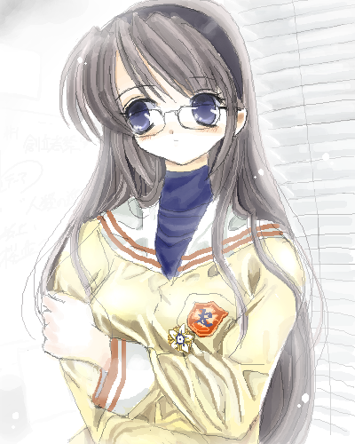 toshi (little-fluffy-cloud), sakagami tomoyo, clannad, silver hair, lowres, 00s, blue eyes, crossed arms, glasses, hairband, long hair, oekaki, school uniform, solo, window blinds