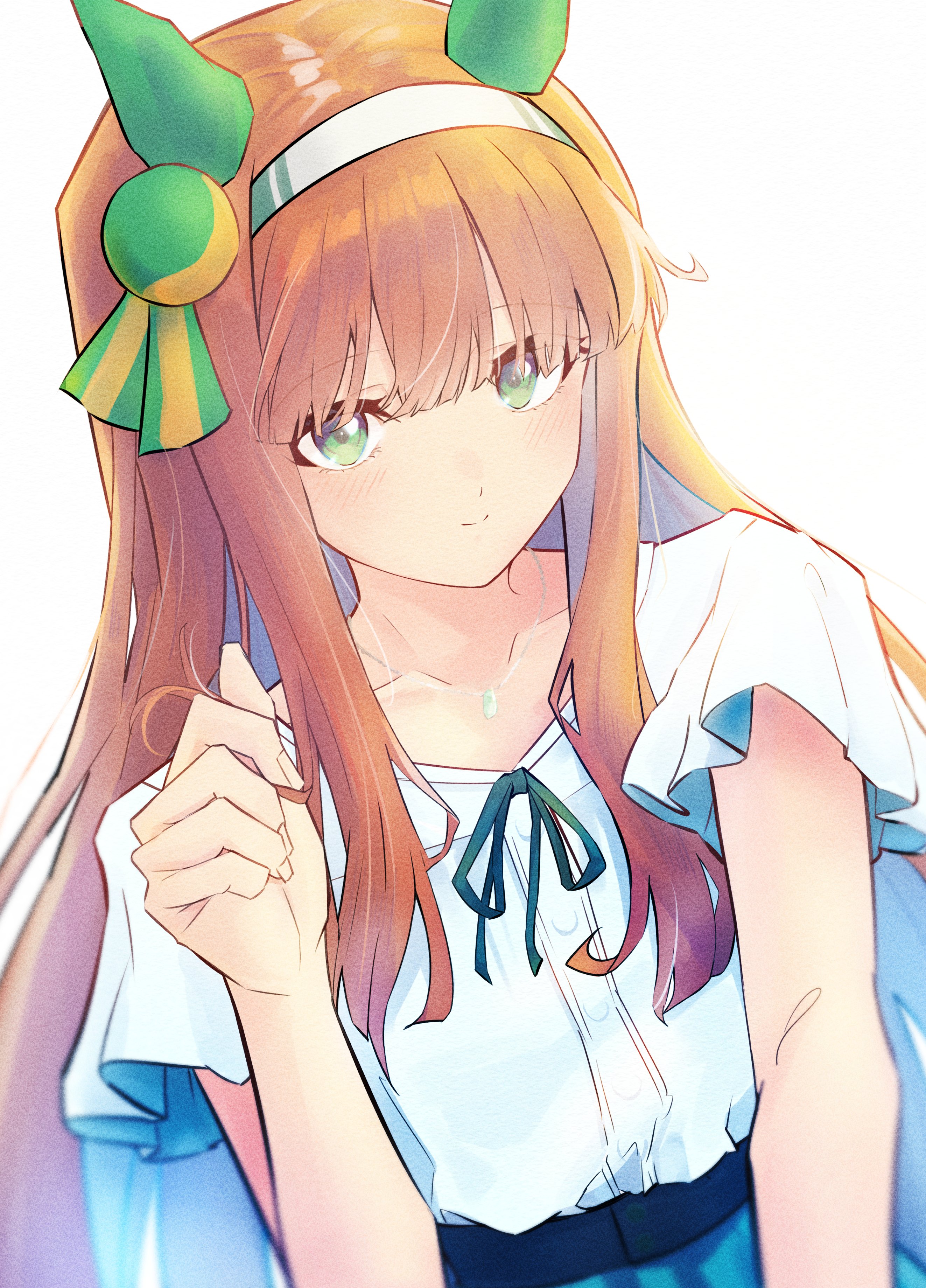 yrouumkinnoaw, silence suzuka (umamusume), umamusume, absurdres, highres, 1girl, animal ears, blunt bangs, blush, bow, brown hair, ear bow, ear covers, ear flower, green eyes, hair ornament, hairband, hime cut, horse ears, horse girl, long hair, looking at viewer, orange hair, shirt, smile, solo, white hairband