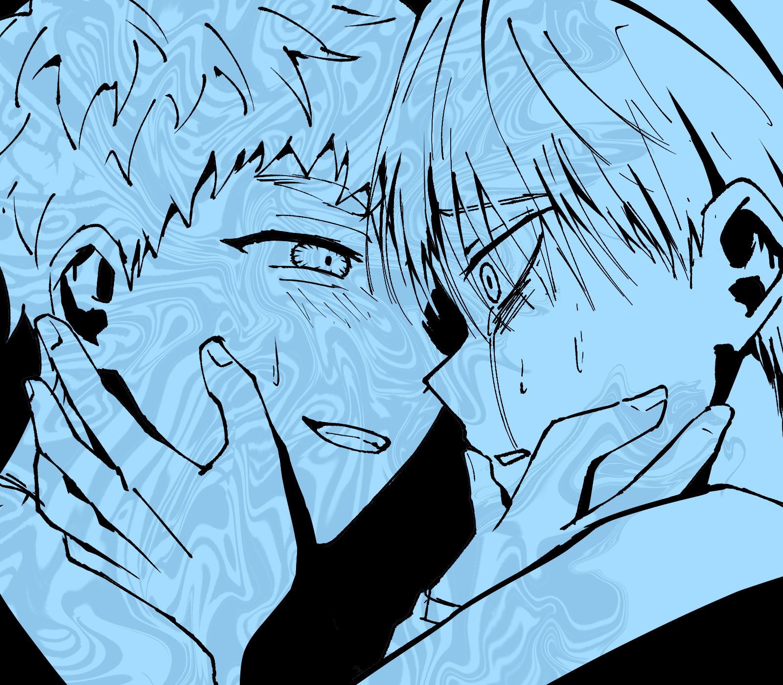 indou hikaru, tsujinaka yoshiki, alien stage, hikaru ga shinda natsu, commentary, derivative work, hashtag-only commentary, highres, 2boys, album cover redraw, black background, blue theme, crying, crying with eyes open, hand on another's face, limited palette, male focus, multiple boys, short hair, smile, tears, yaoi, zhouliun