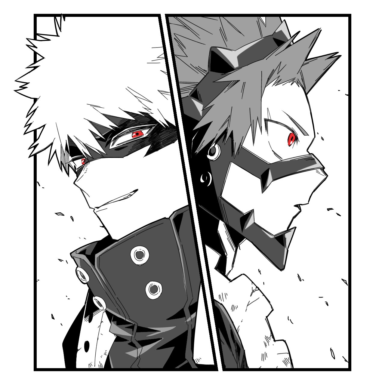 bakugou katsuki, kirishima eijiro, boku no hero academia, commentary request, highres, 17pagdot0w79390, 2boys, closed mouth, eye mask, greyscale, light smile, male focus, mask, monochrome, multiple boys, parted lips, red eyes, short hair, spiked hair, spot color, superhero costume, teeth, upper body